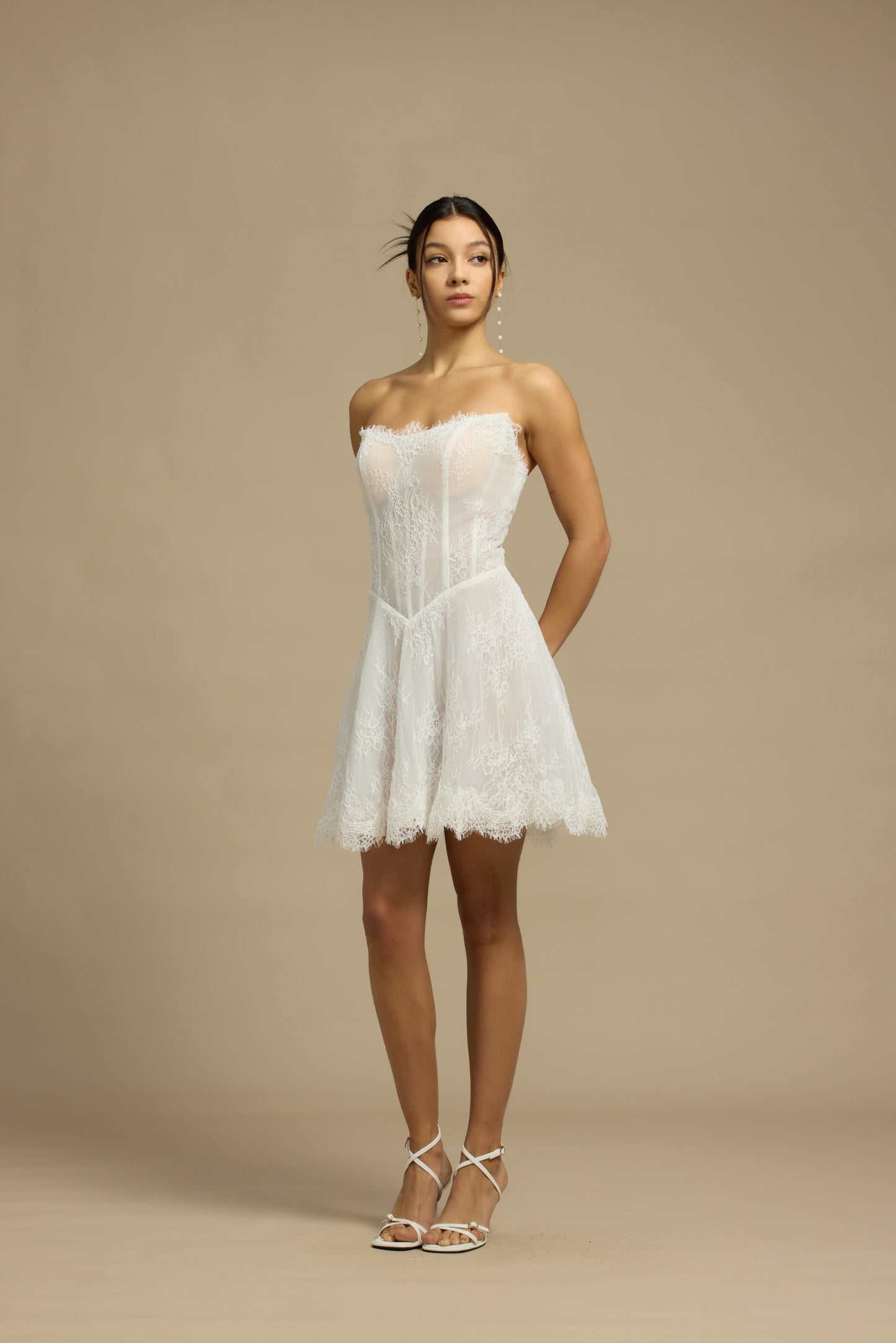 Ayana Lace Mini Dress with Chiffon Scarf | Bone & Grey Bridal | Wedding Afterparty Mini Dresses Online Canada USA Australia UK Singapore