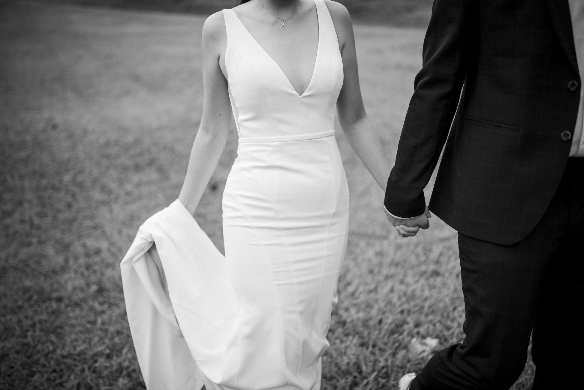 Rosalind Plunging V-neck Fit n Flare Mermaid Wedding Dress | Low Open back with Fit n' Flare and Trumpet Skirt | Bone and Grey Bridal | Minimal wedding dresses online Canada Singapore USA