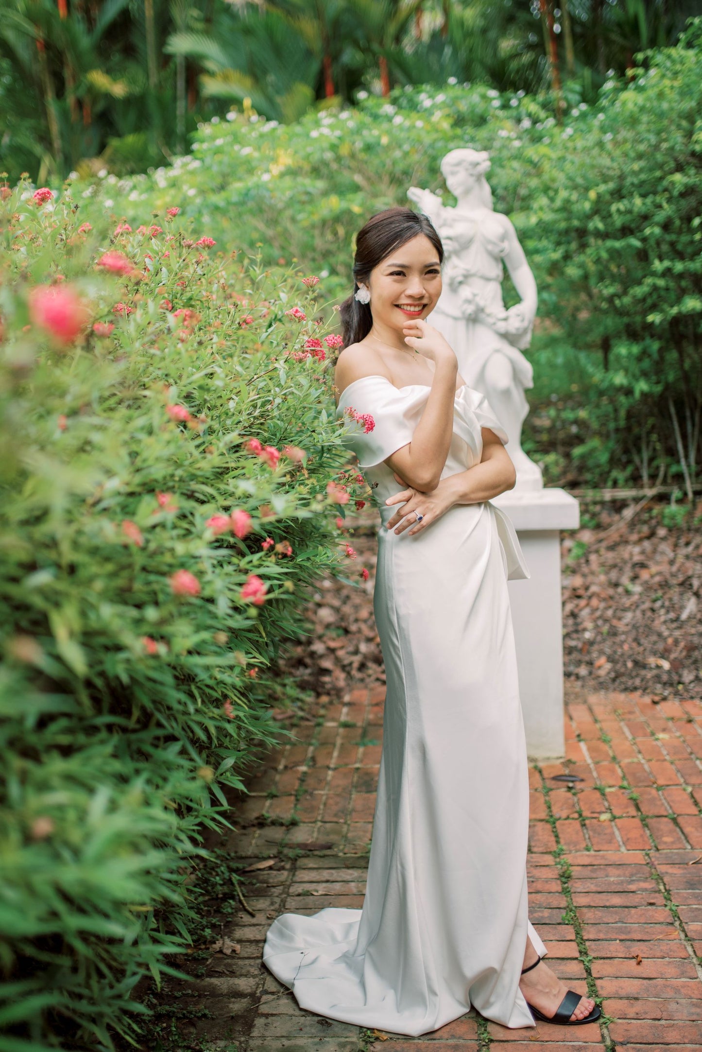 Delphine satin crepe off-the-shoulder minimal wedding dress with bow | Bone and Grey Bridal | Minimal wedding dresses online Singapore Canada USA