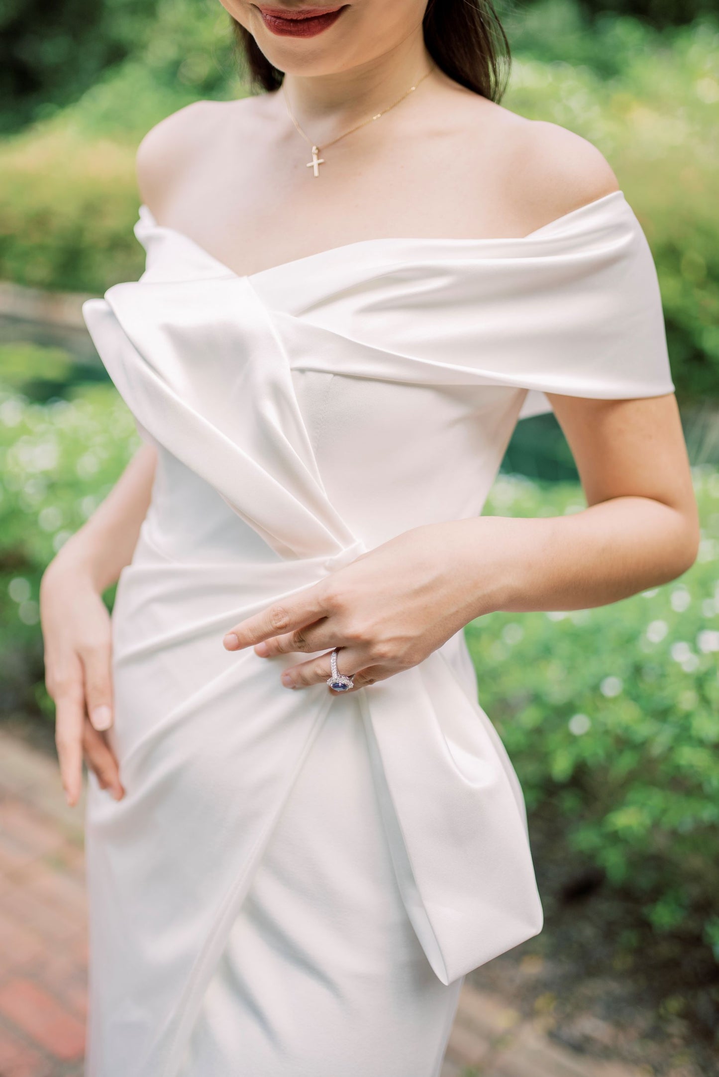 Delphine satin crepe off-the-shoulder minimal wedding dress with bow | Bone and Grey Bridal | Minimal wedding dresses online Singapore Canada USA