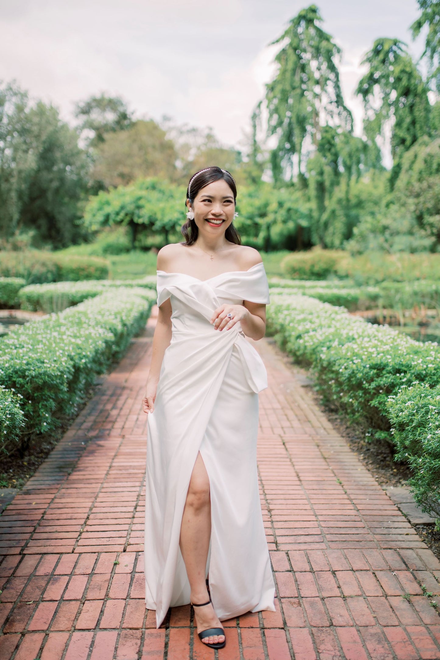 Delphine satin crepe off-the-shoulder minimal wedding dress with bow | Bone and Grey Bridal | Minimal wedding dresses online Singapore Canada USA