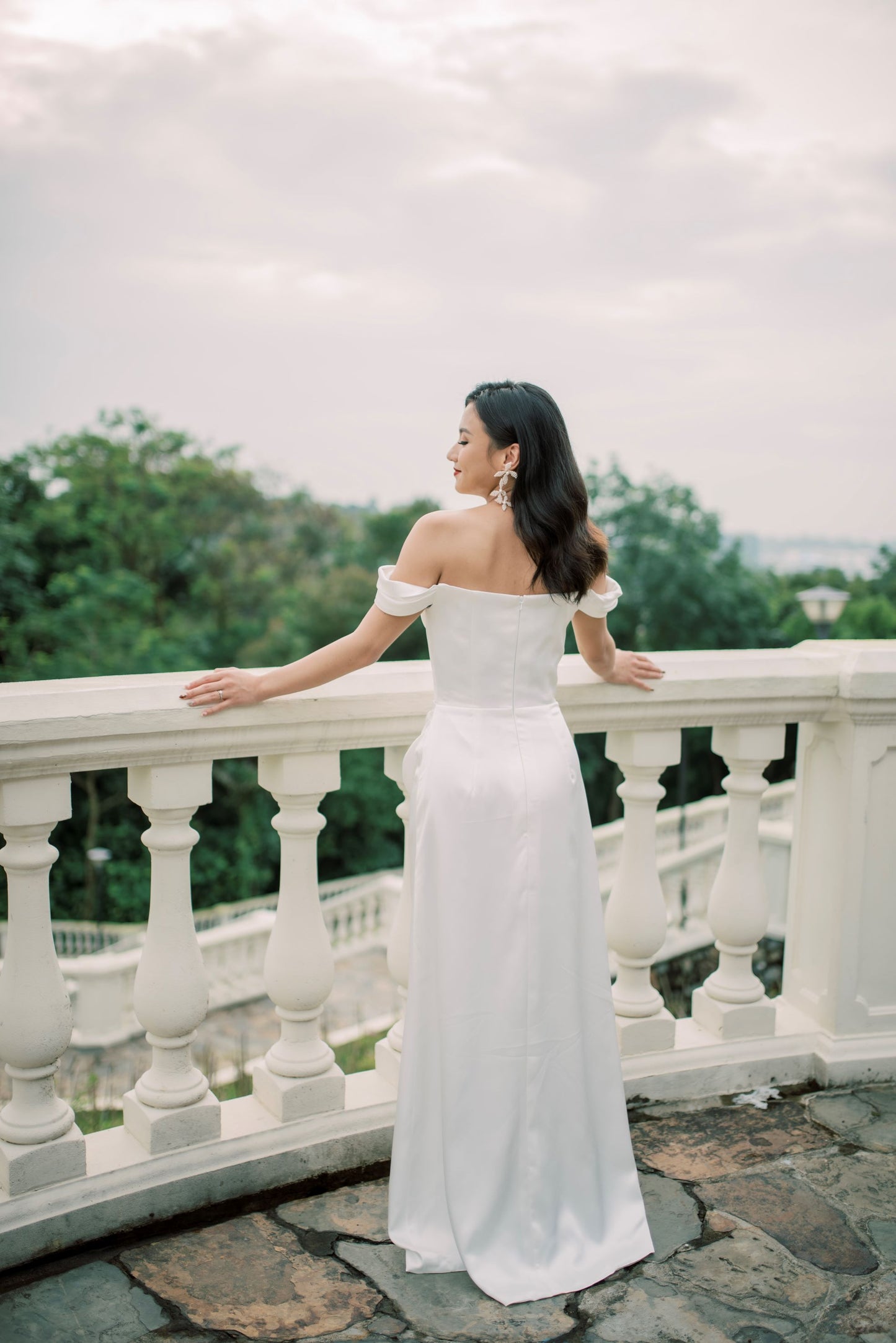 Ida Satin Off-the-Shoulder minimal wedding dress with No Train | Bone and Grey Bridal | Minimal wedding dresses online Singapore Canada USA