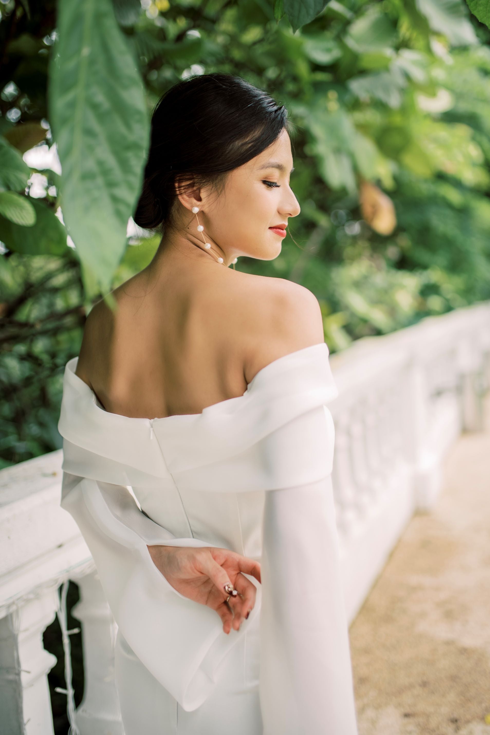 Evelyn Off-Shoulder Crepe Wedding Dress with Organza Long Sleeves | Bone and Grey Bridal | Minimal wedding dresses online Singapore Canada USA