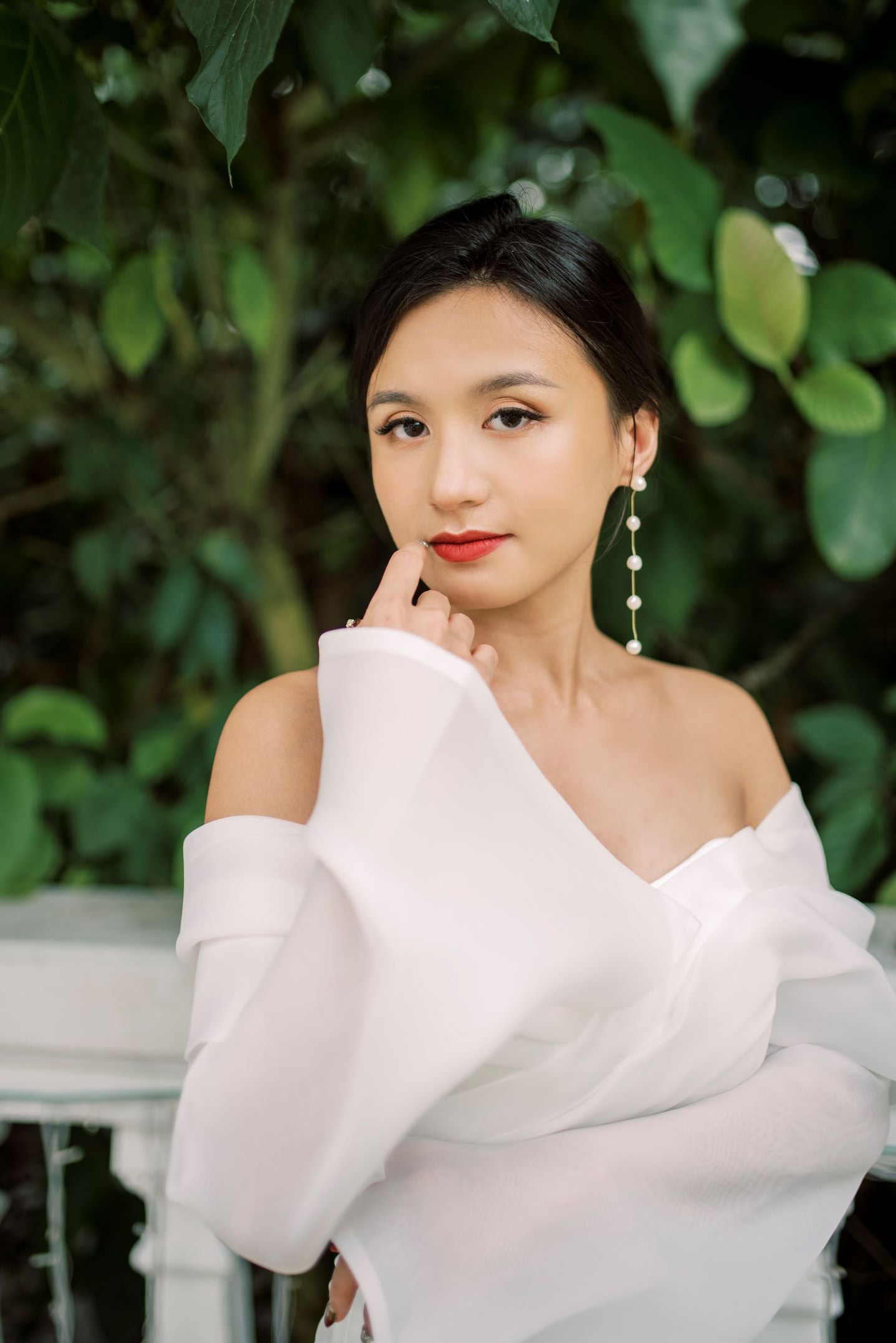 Evelyn Off-Shoulder Crepe Wedding Dress with Organza Long Sleeves | Bone and Grey Bridal | Minimal wedding dresses online Singapore Canada USA