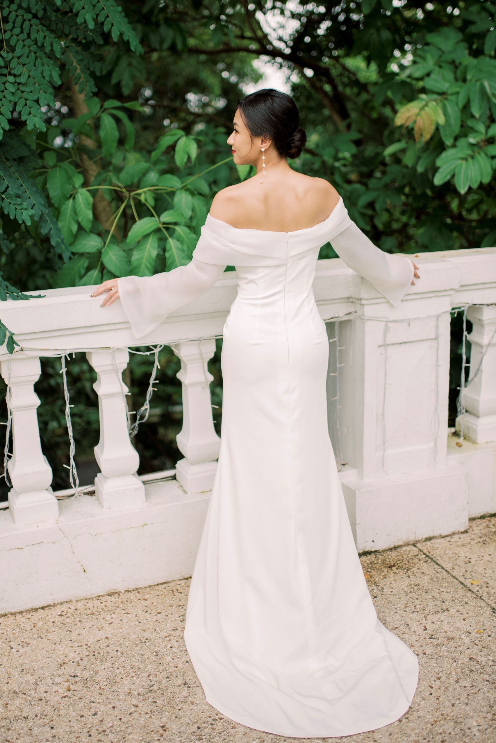 Evelyn Off-Shoulder Crepe Wedding Dress with Organza Long Sleeves | Bone and Grey Bridal | Minimal wedding dresses online Singapore Canada USA