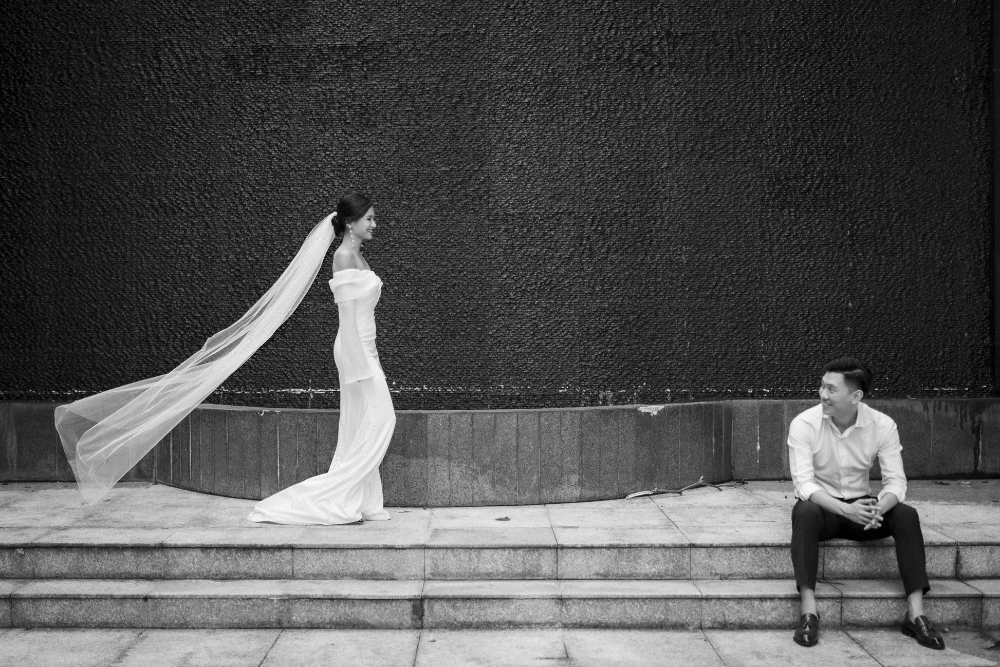 Evelyn Off-Shoulder Crepe Wedding Dress with Organza Long Sleeves | Bone and Grey Bridal | Minimal wedding dresses online Singapore Canada USA