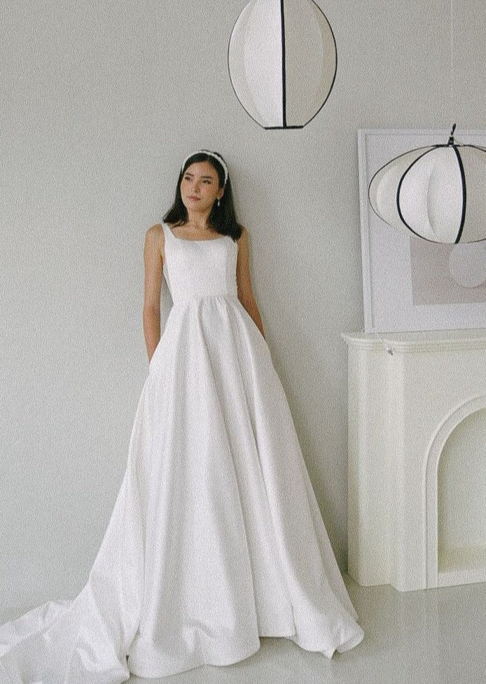 Diana Square Neck A-line Satin Minimal Wedding Dress | Low UV back with Nude Mesh Cutouts and Pocket | Bone & Grey Bridal