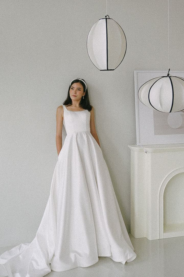 Diana Square Neck A-line Satin Minimal Wedding Dress | Low UV back with Nude Mesh Cutouts and Pocket | Bone & Grey Bridal