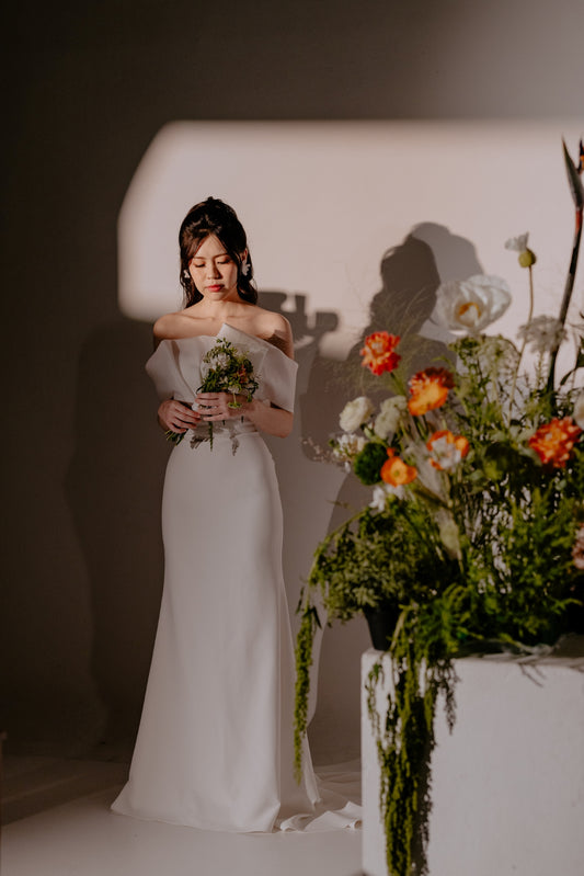 Eden Strapless Asymmetric Neckline Spaghetti Straps Fit & Flare Wedding Dress | Bone and Grey Bridal | Affordable minimal wedding dresses online Canada Singapore USA