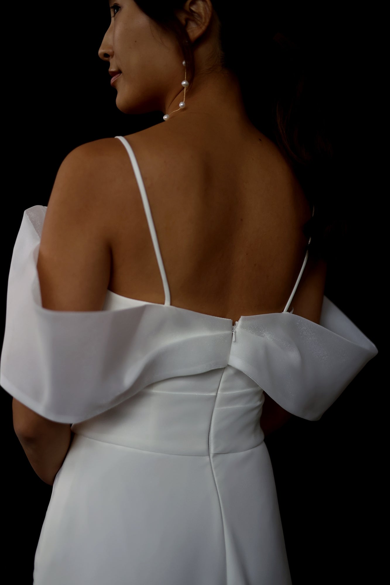 Eden Strapless Asymmetric Neckline Spaghetti Straps Fit & Flare Wedding Dress | Bone and Grey Bridal | Affordable minimal wedding dresses online Canada Singapore USA