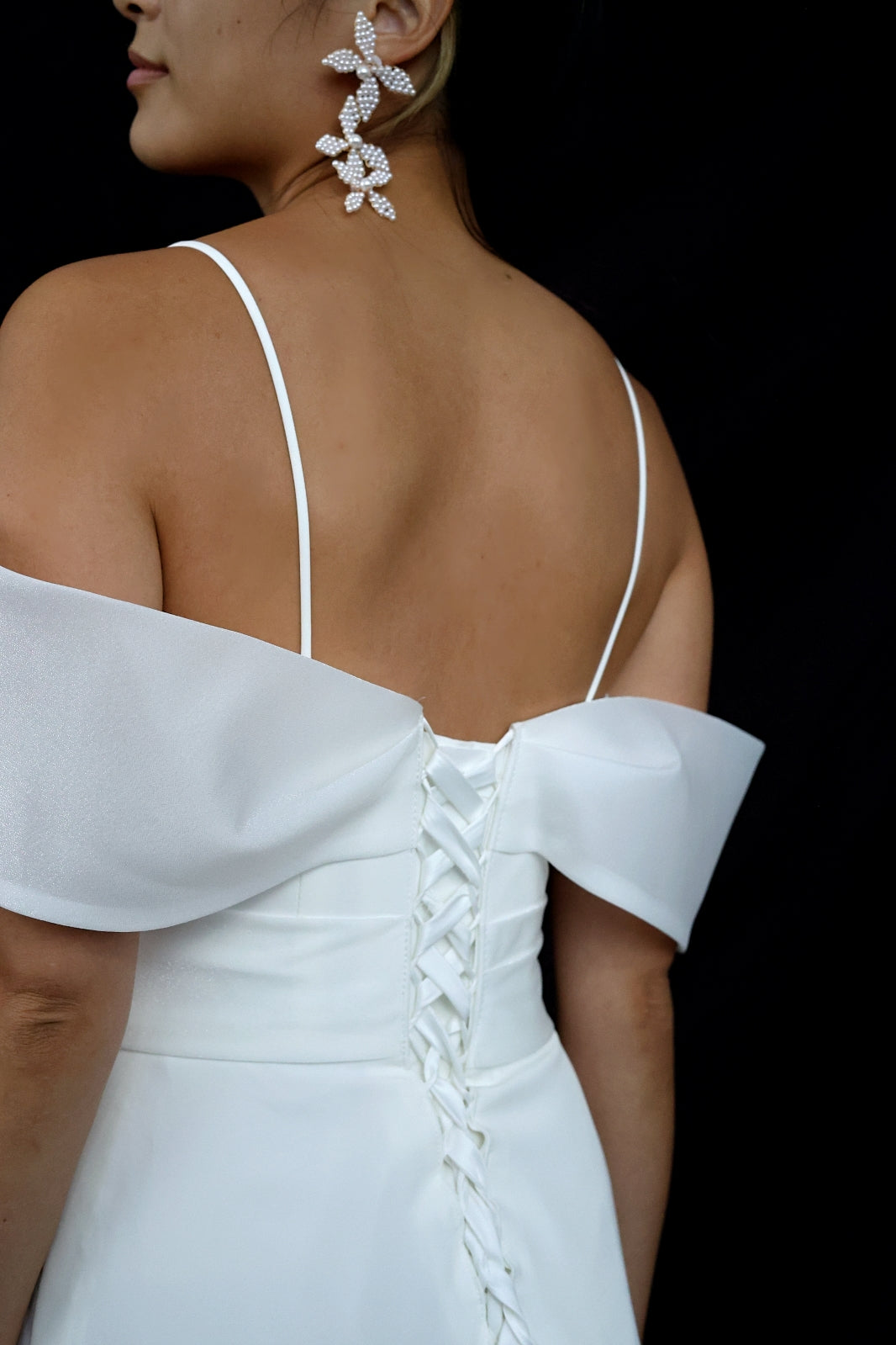 Eden Strapless Asymmetric Neckline Spaghetti Straps Fit & Flare Wedding Dress | Bone and Grey Bridal | Affordable minimal wedding dresses online Canada Singapore USA