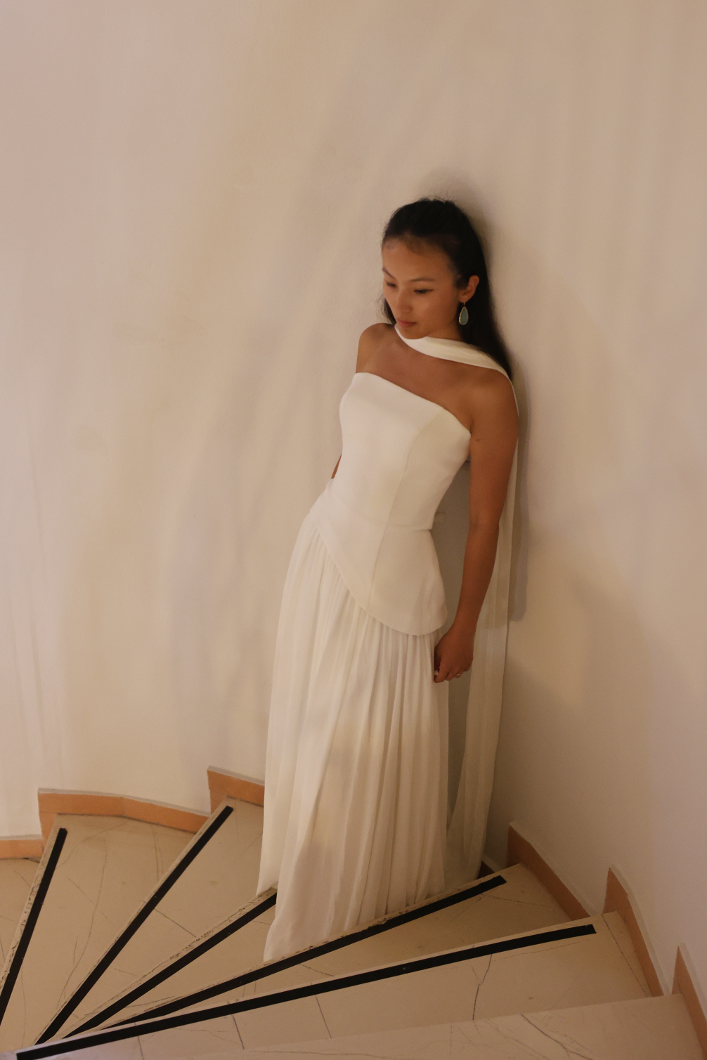 Elsa Strapless Corset A-Line Wedding Dress with Neck Scarf in Crepe & Chiffon | Bone and Grey Bridal | Affordable Simple Bridal Gowns Online Canada USA Singapore