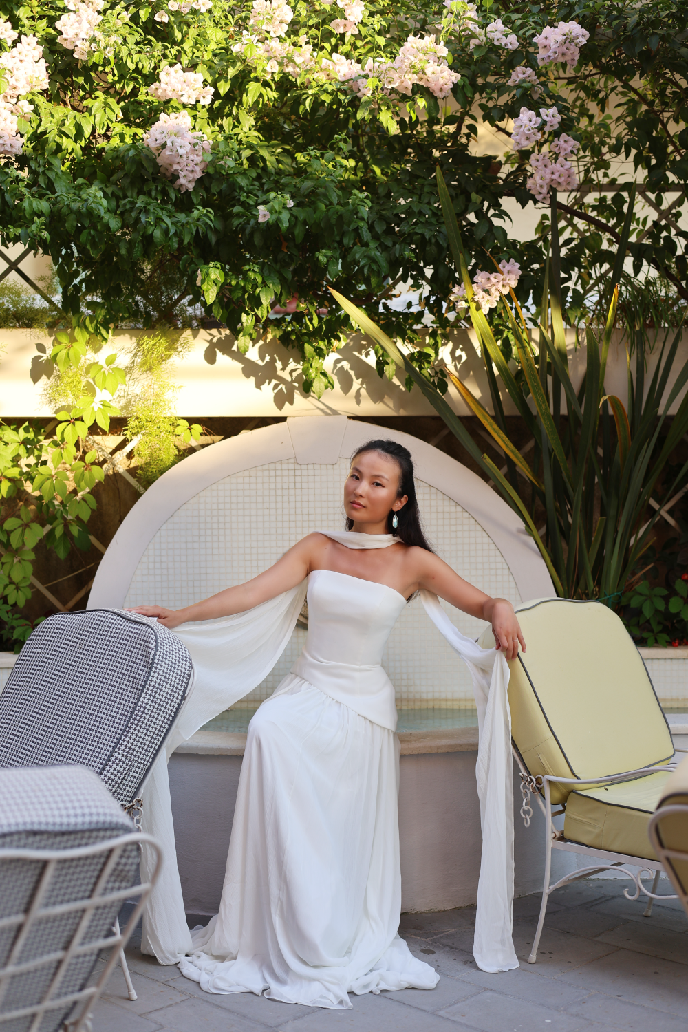 Elsa Strapless Corset A-Line Wedding Dress with Neck Scarf in Crepe & Chiffon | Bone and Grey Bridal | Affordable Simple Bridal Gowns Online Canada USA Singapore