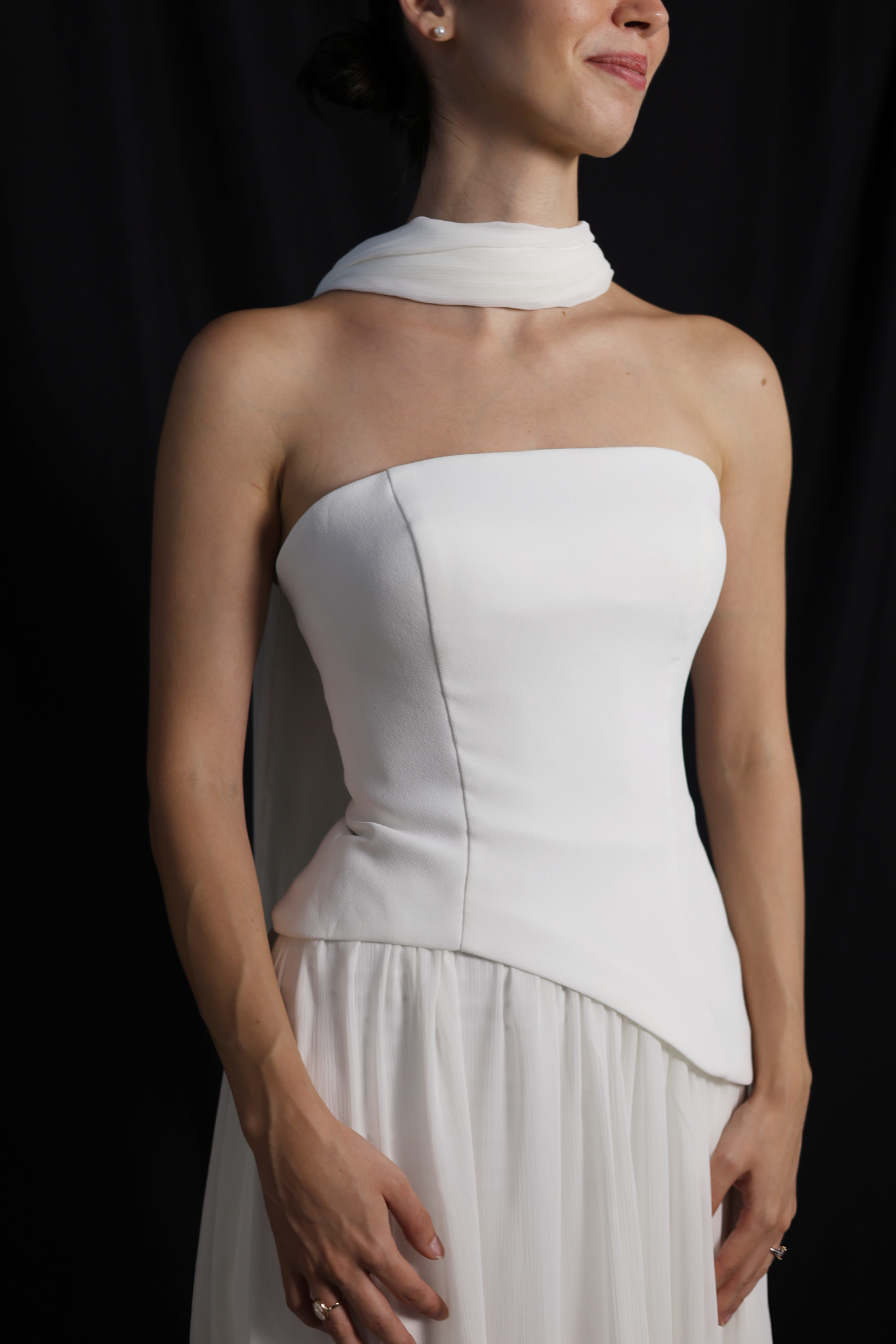 Elsa Strapless Corset A-Line Wedding Dress with Neck Scarf in Crepe & Chiffon | Bone and Grey Bridal | Affordable Simple Bridal Gowns Online Canada USA Singapore