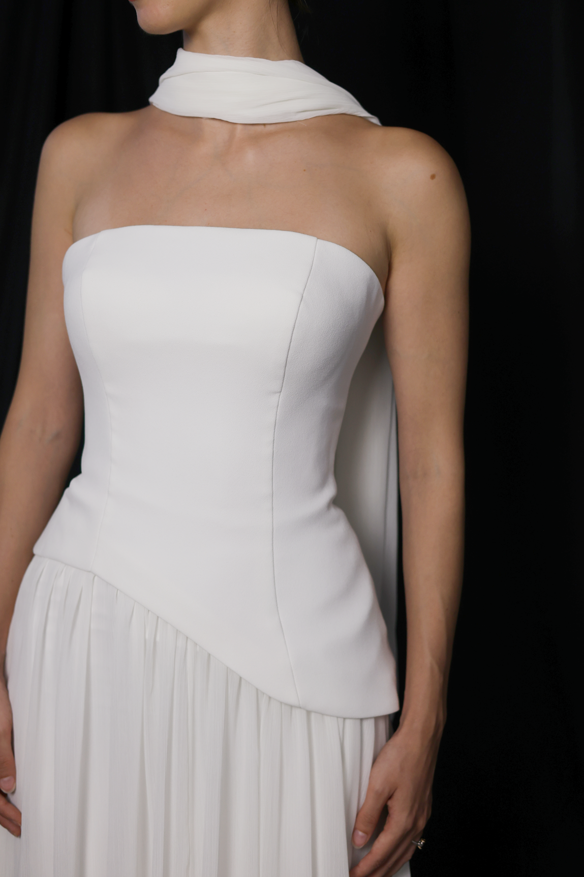 Elsa Strapless Corset A-Line Wedding Dress with Neck Scarf in Crepe & Chiffon | Bone and Grey Bridal | Affordable Simple Bridal Gowns Online Canada USA Singapore