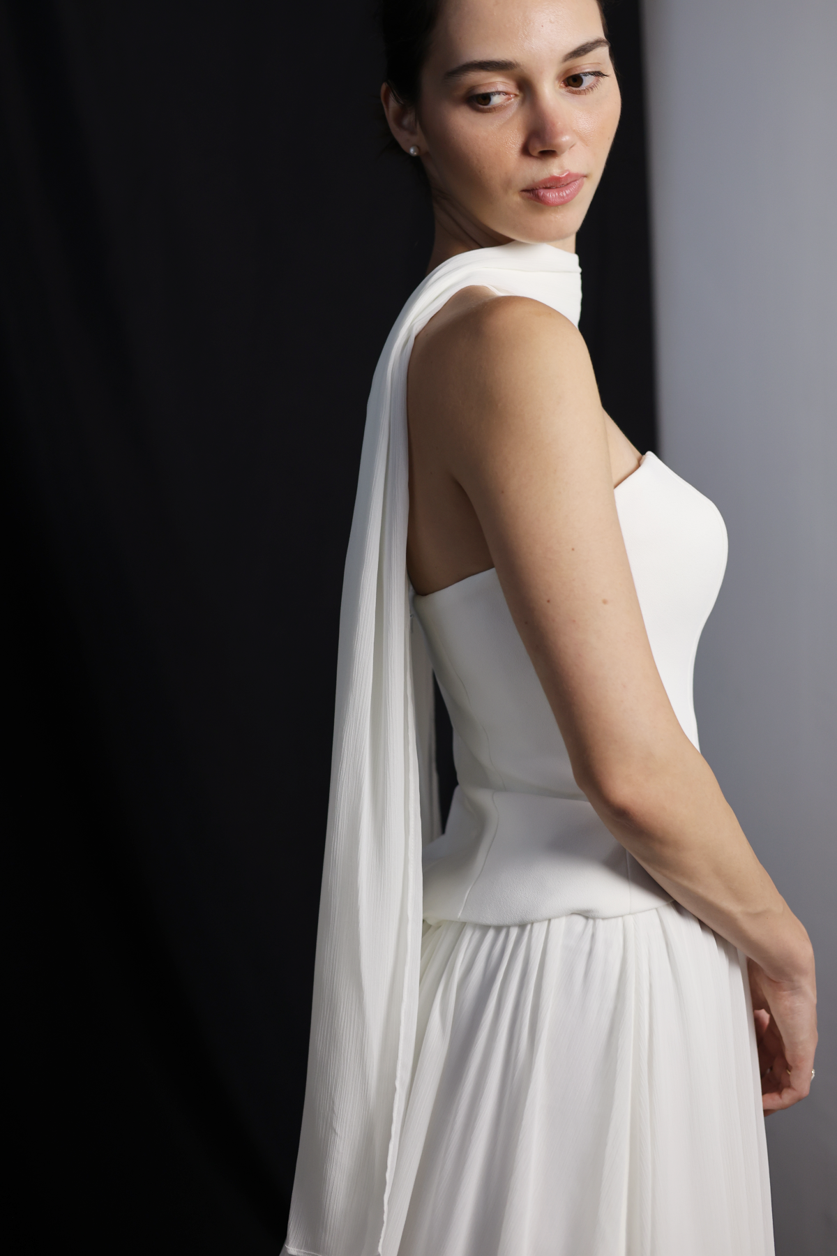 Elsa Strapless Corset A-Line Wedding Dress with Neck Scarf in Crepe & Chiffon | Bone and Grey Bridal | Affordable Simple Bridal Gowns Online Canada USA Singapore