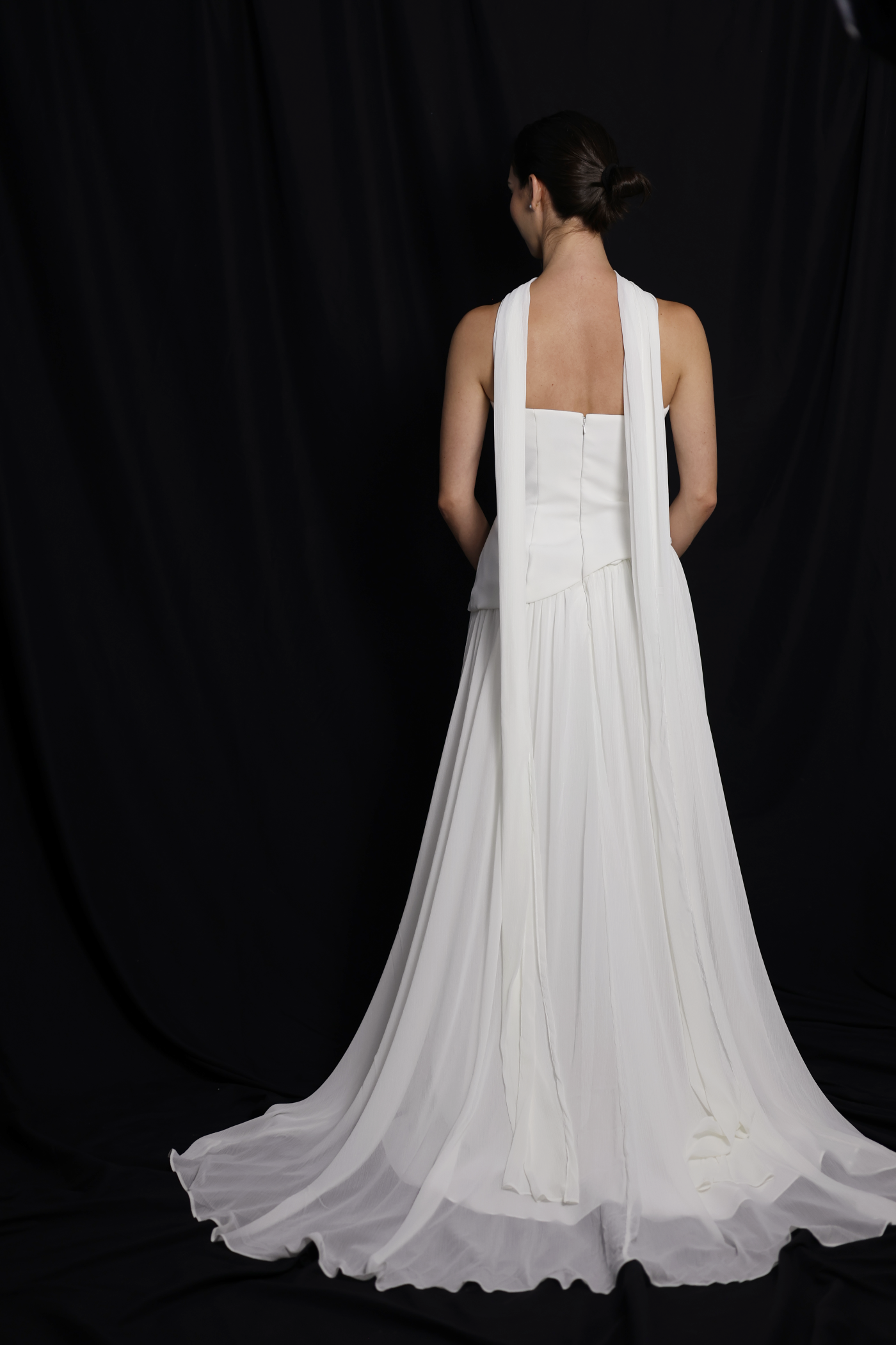 Elsa Strapless Corset A-Line Wedding Dress with Neck Scarf in Crepe & Chiffon | Bone and Grey Bridal | Affordable Simple Bridal Gowns Online Canada USA Singapore
