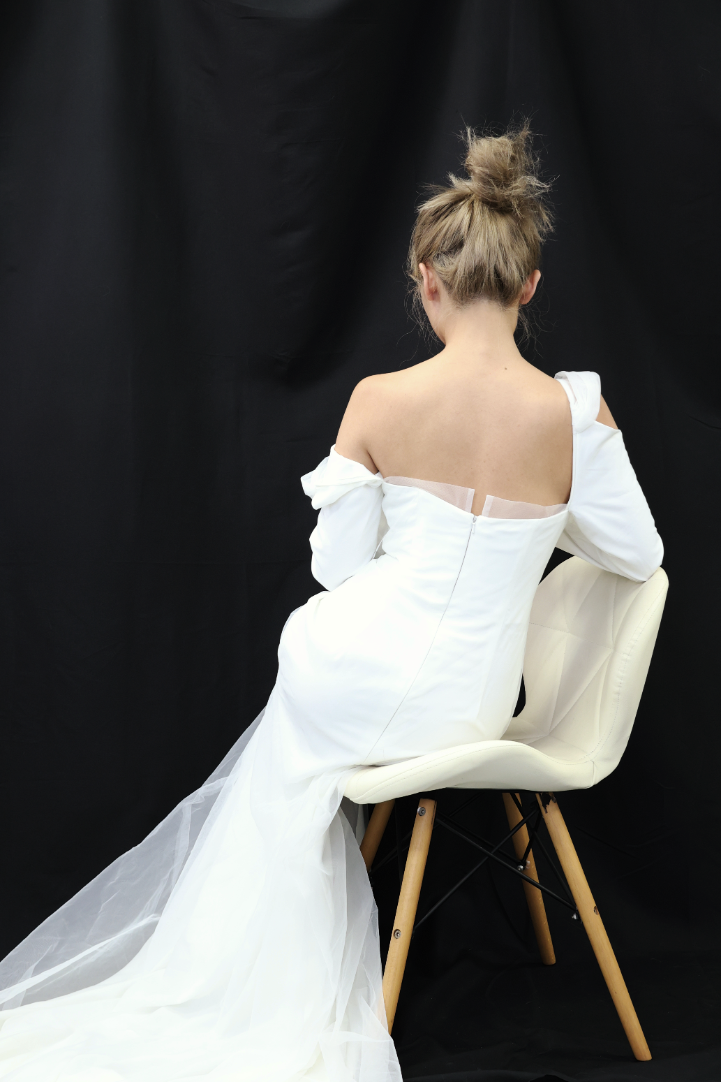 Nancy Crepe Wedding Dress | Long sleeves with tulle wedding dress | Shop wedding dress online | Bone & Grey Bridal