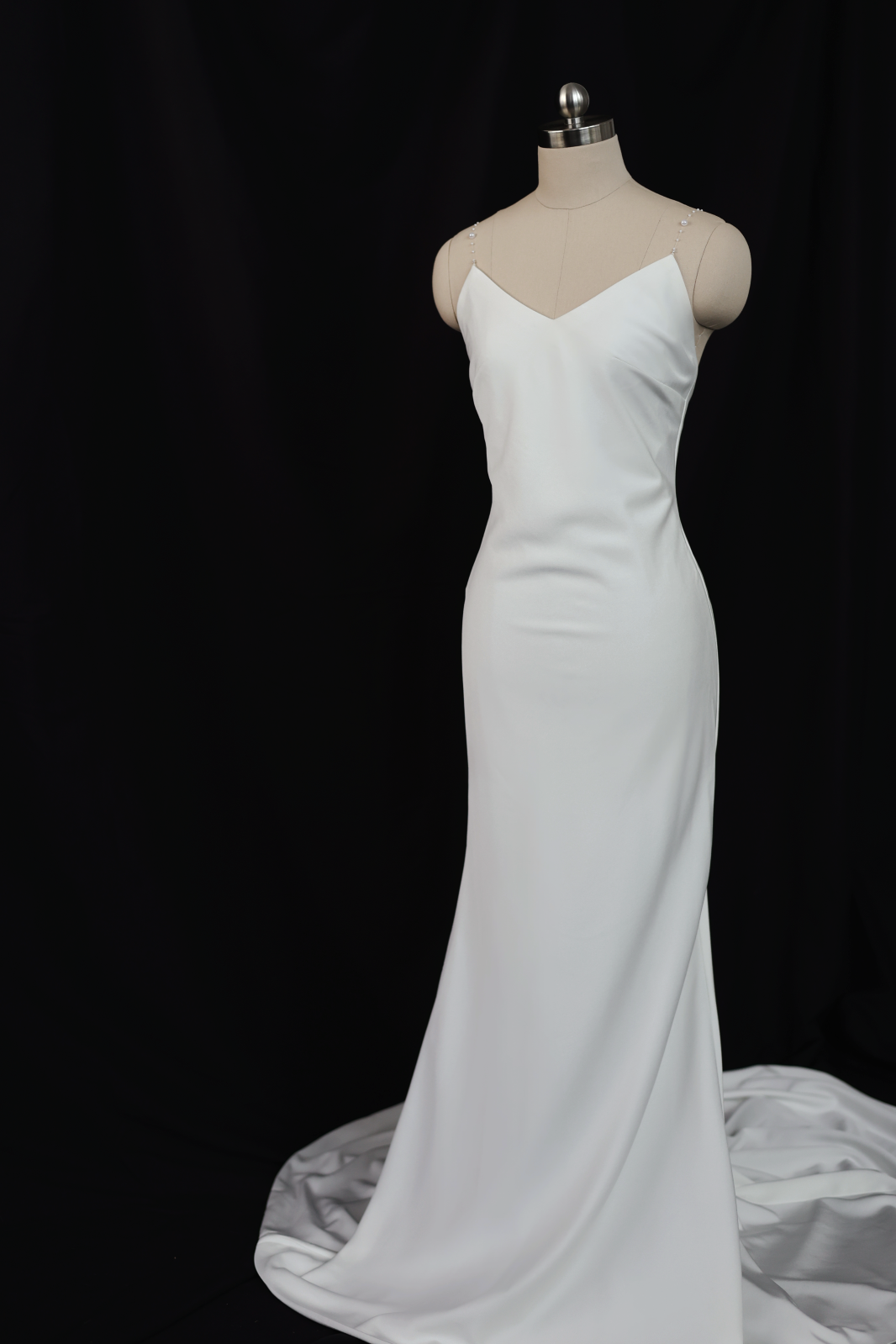 Sora Spaghetti Strap V Neck Crepe Column Wedding Dress | Bone and Grey Bridal | Affordable minimal wedding dresses online Canada Singapore USA