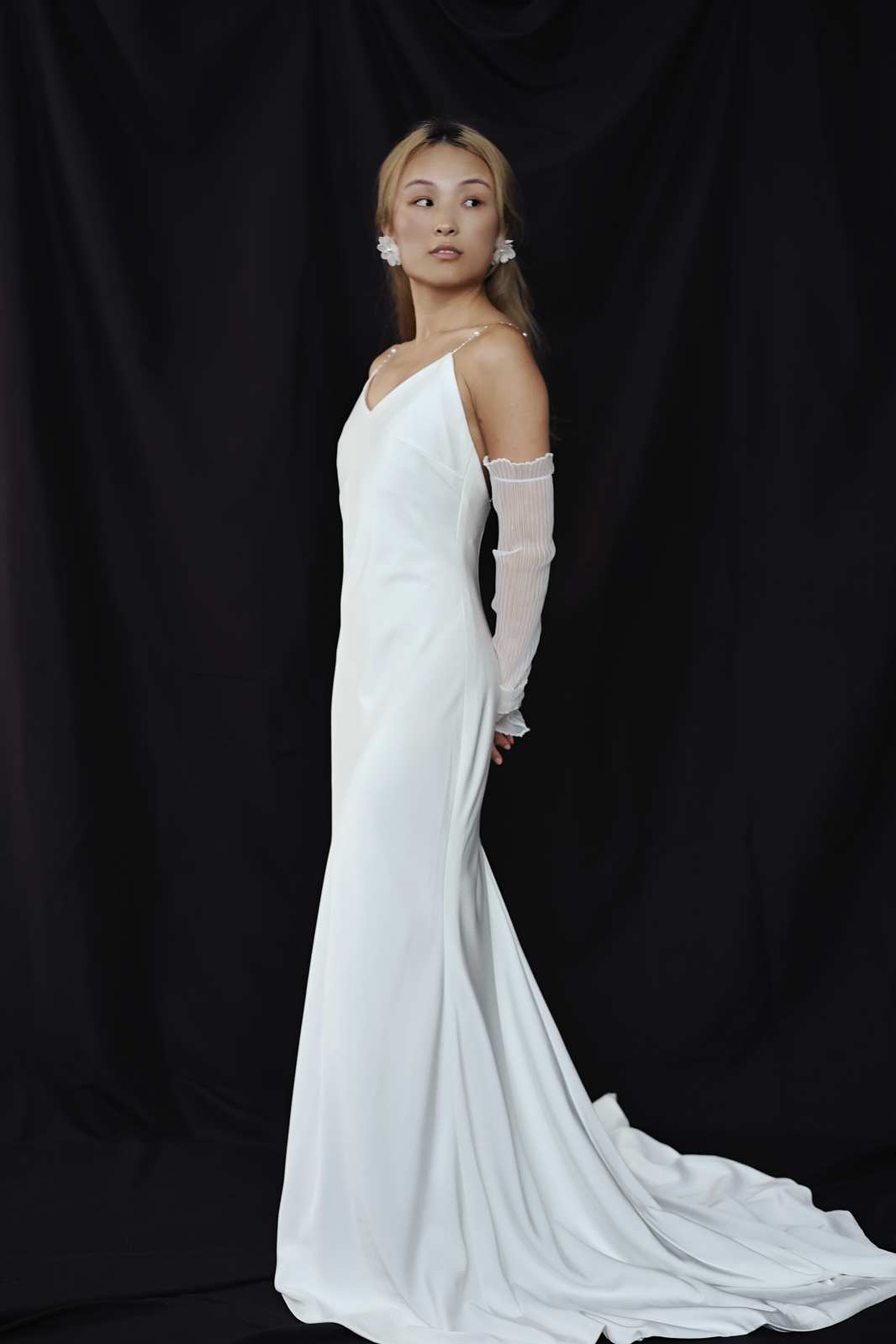 Sora Spaghetti Strap V Neck Crepe Column Wedding Dress | Bone and Grey Bridal | Affordable minimal wedding dresses online Canada Singapore USA