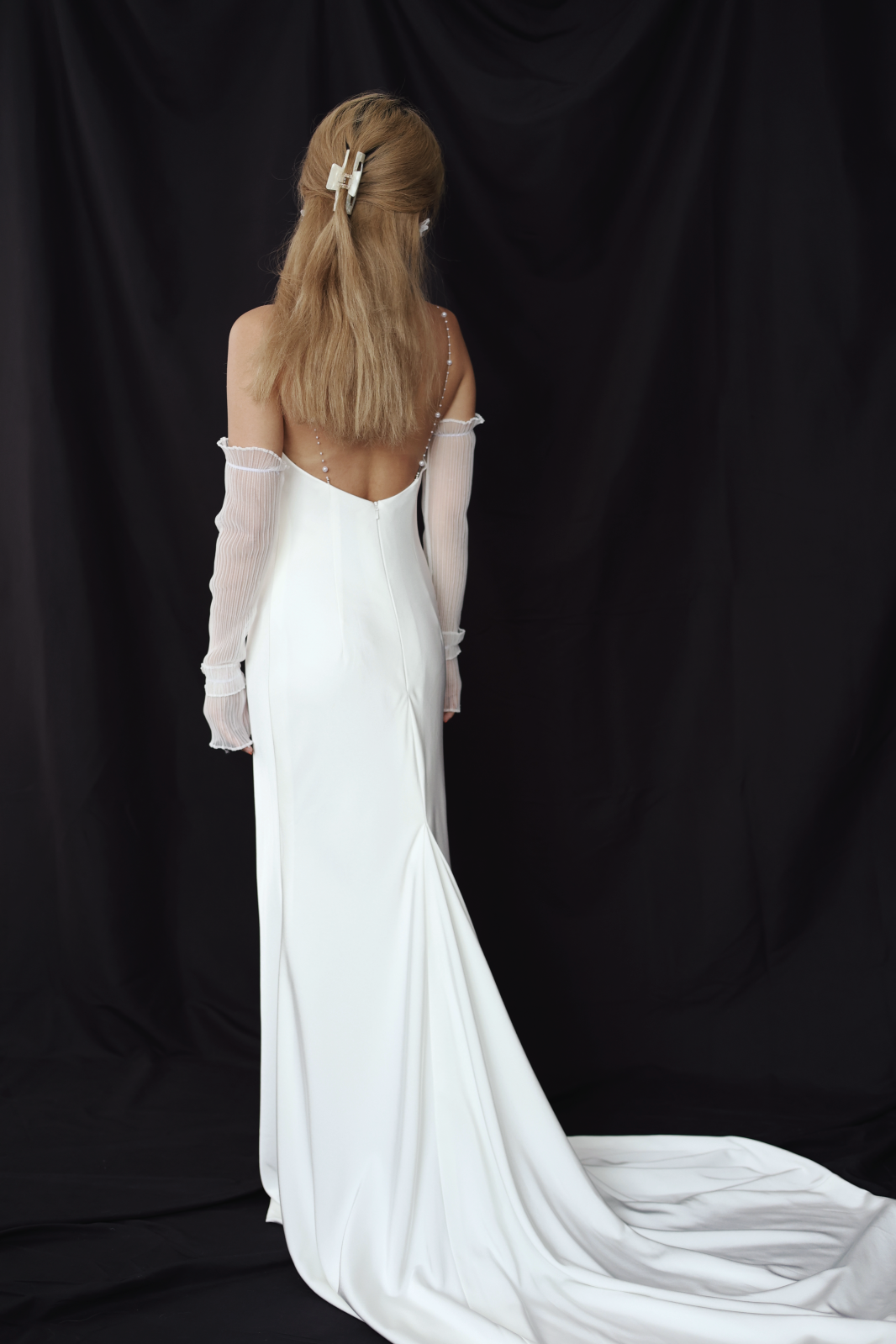 Sora Spaghetti Strap V Neck Crepe Column Wedding Dress | Bone and Grey Bridal | Affordable minimal wedding dresses online Canada Singapore USA