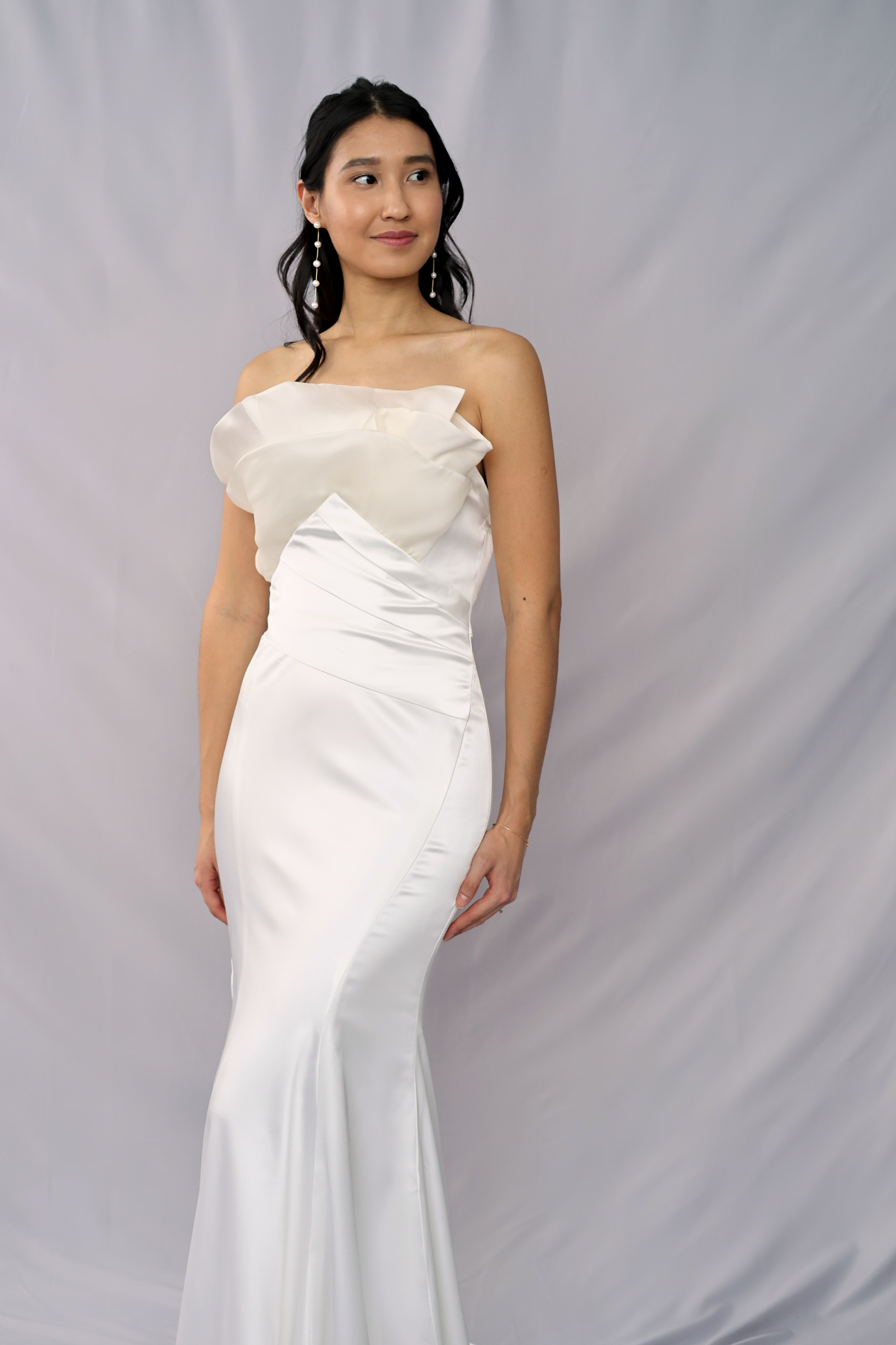 Vera Satin Trumpet Fit n Flare Wedding Dress with Organza | Bone and Grey Bridal | Affordable minimal wedding dresses online Canada Singapore USA
