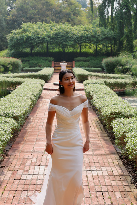 Mona Off-the-Shoulder Fit n' Flare Crepe Tulle Wedding Dress | Bone and Grey Bridal | Affordable minimal wedding dresses Canada Singapore USA