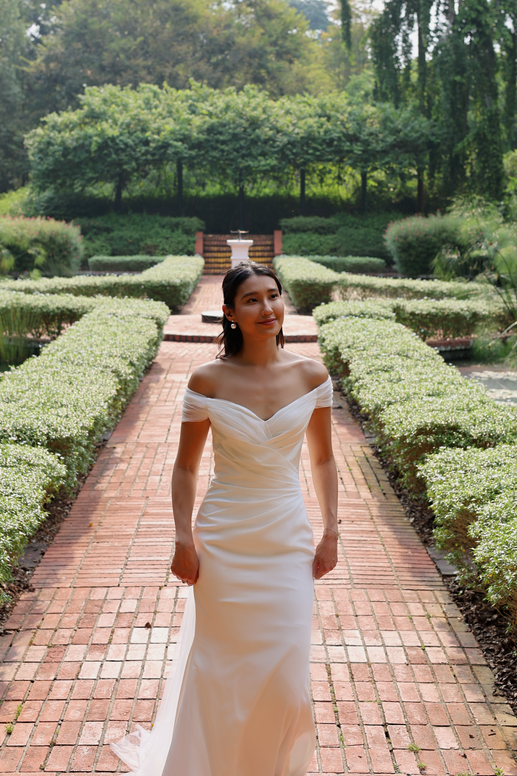 Mona Off-the-Shoulder Crepe Tulle Minimal Wedding Dress (Sample) Bone and Grey Bridal Simple Bridal Gowns Online Canada Singapore USA