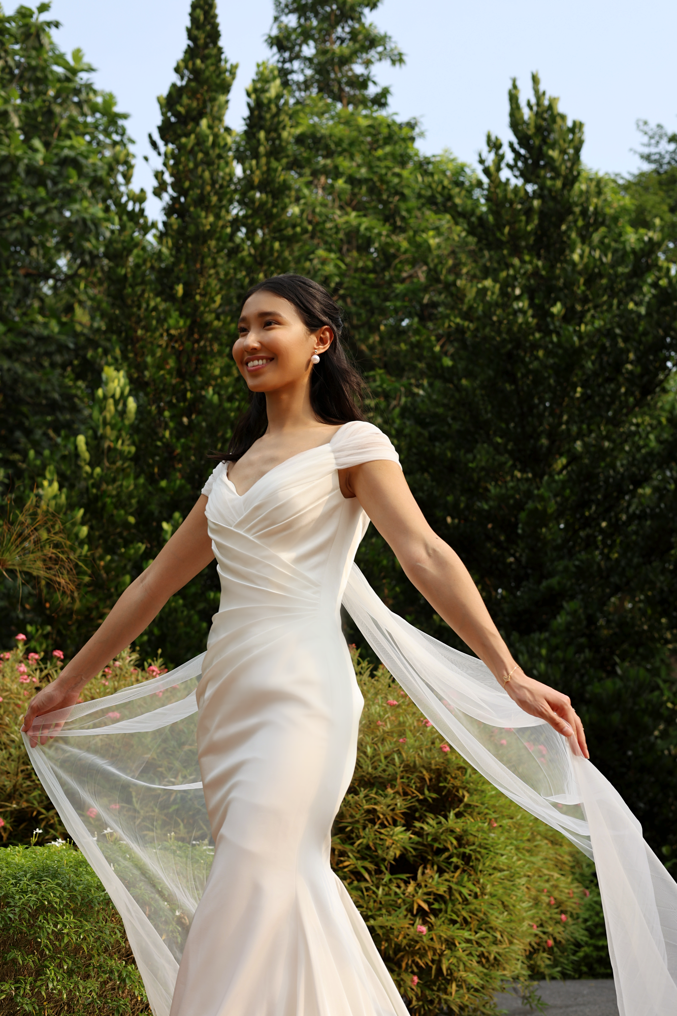 Mona Off-the-Shoulder Fit n' Flare Crepe Tulle Wedding Dress | Bone and Grey Bridal | Affordable minimal wedding dresses Canada Singapore USA