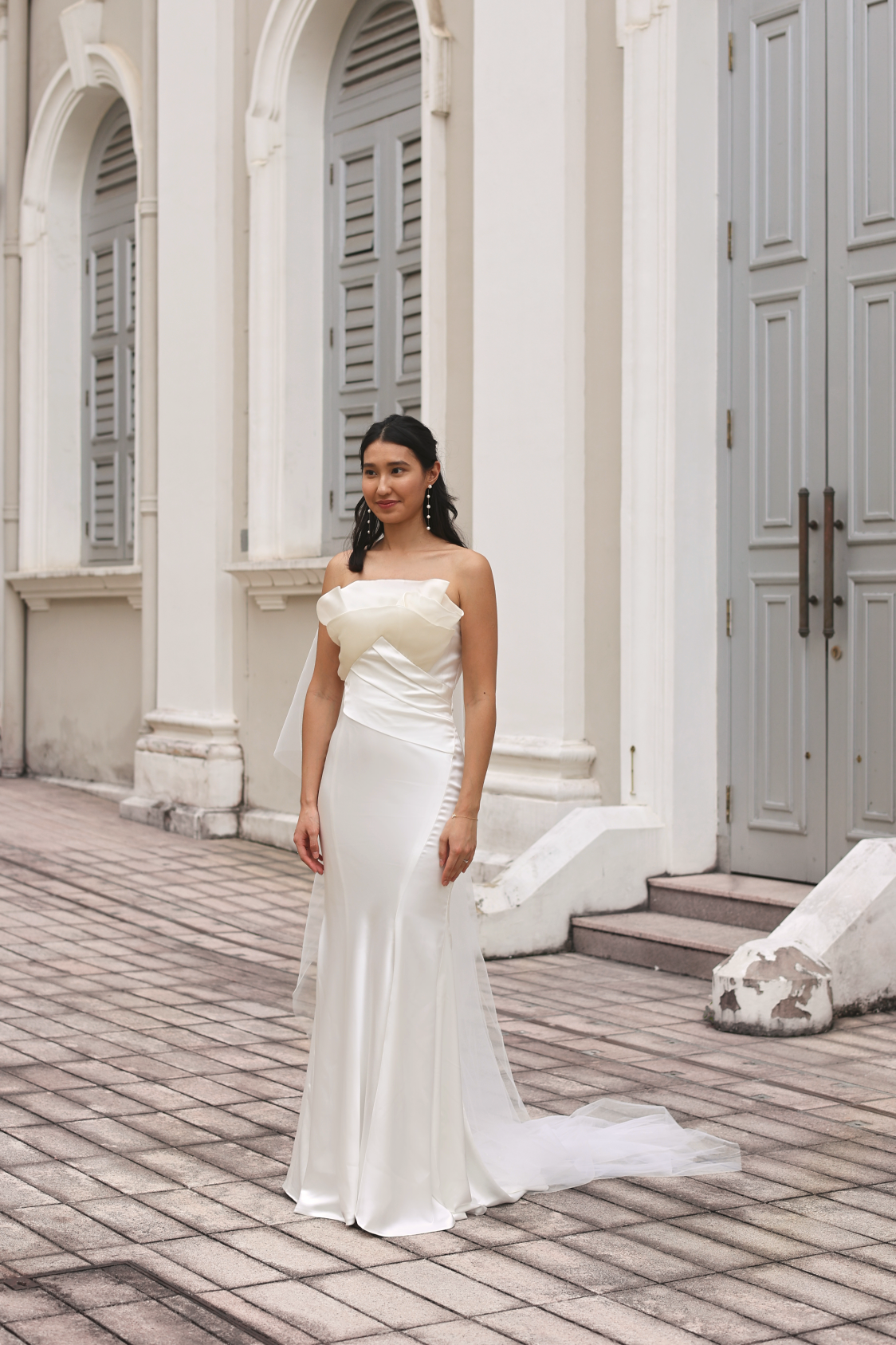 Vera Satin Trumpet Fit n Flare Wedding Dress with Organza | Bone and Grey Bridal | Affordable minimal wedding dresses online Canada Singapore USA
