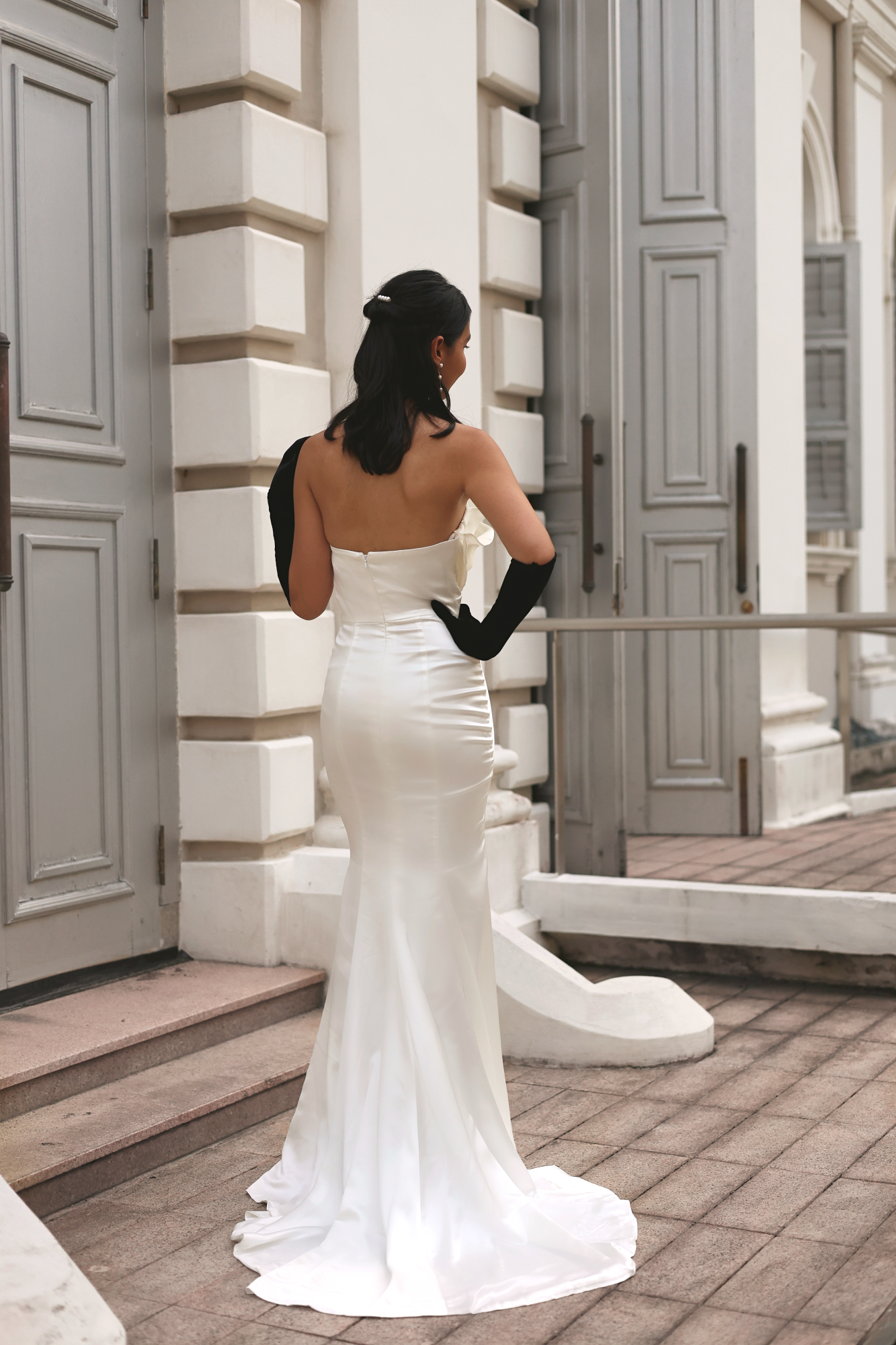 Vera Satin Trumpet Fit n Flare Wedding Dress with Organza | Bone and Grey Bridal | Affordable minimal wedding dresses online Canada Singapore USA