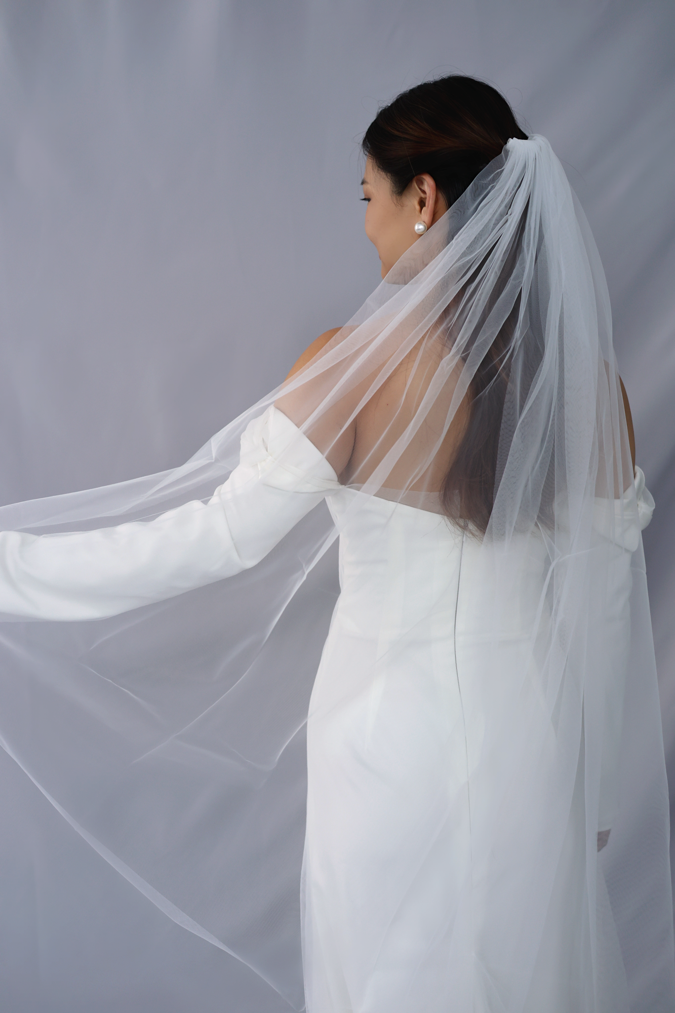 Nancy Crepe Wedding Dress | Long sleeves with tulle wedding dress | Shop wedding dress online | Bone & Grey Bridal