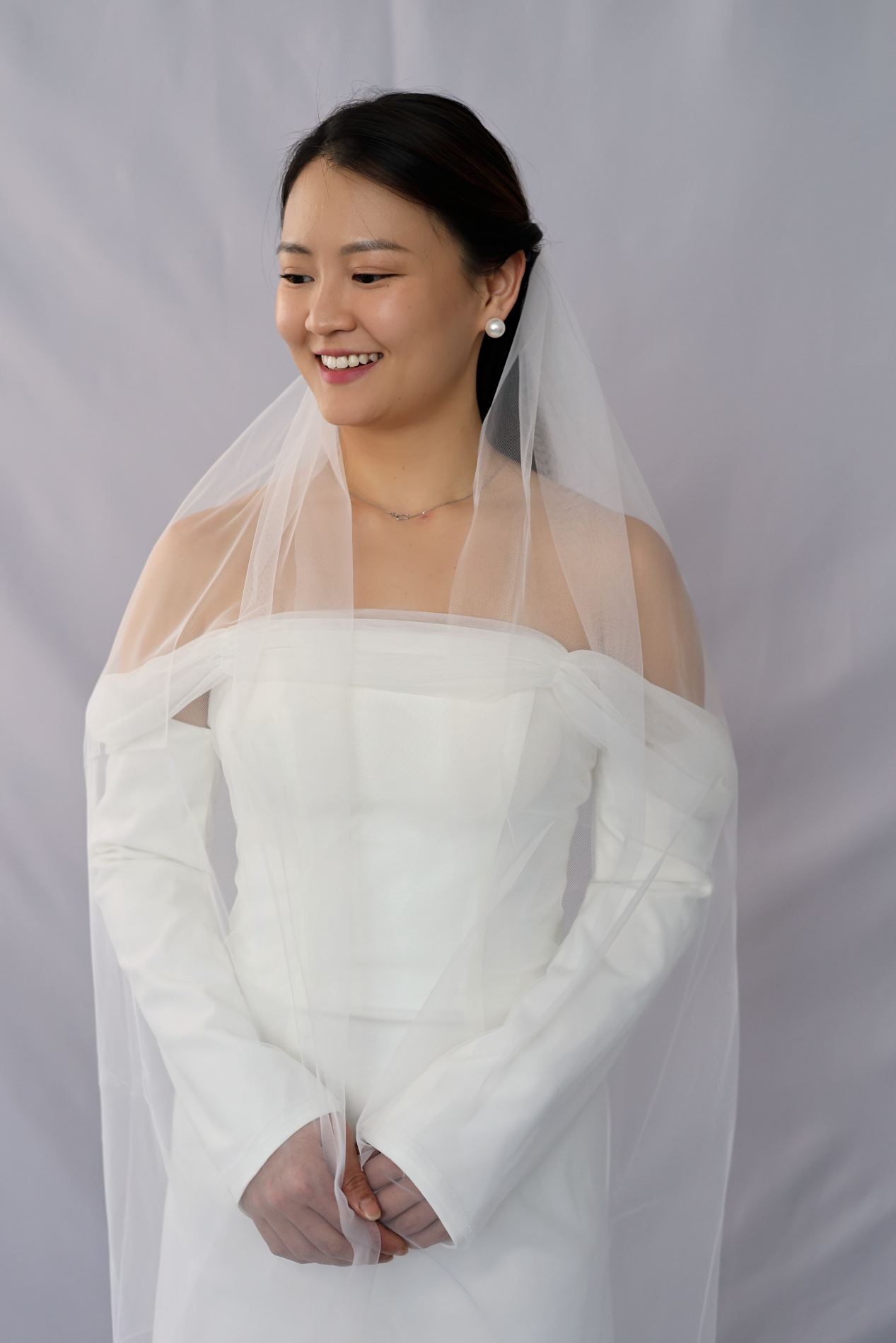 Nancy Crepe Wedding Dress | Long sleeves with tulle wedding dress | Shop wedding dress online | Bone & Grey Bridal