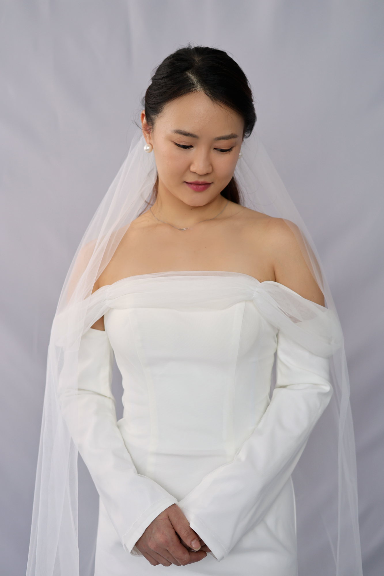 Nancy Crepe Wedding Dress | Long sleeves with tulle wedding dress | Shop wedding dress online | Bone & Grey Bridal