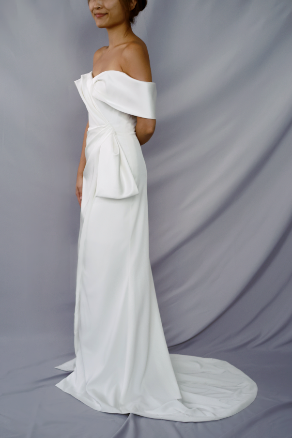 Delphine satin crepe off-the-shoulder minimal wedding dress with bow | Bone and Grey Bridal | Minimal wedding dresses online Singapore Canada USA