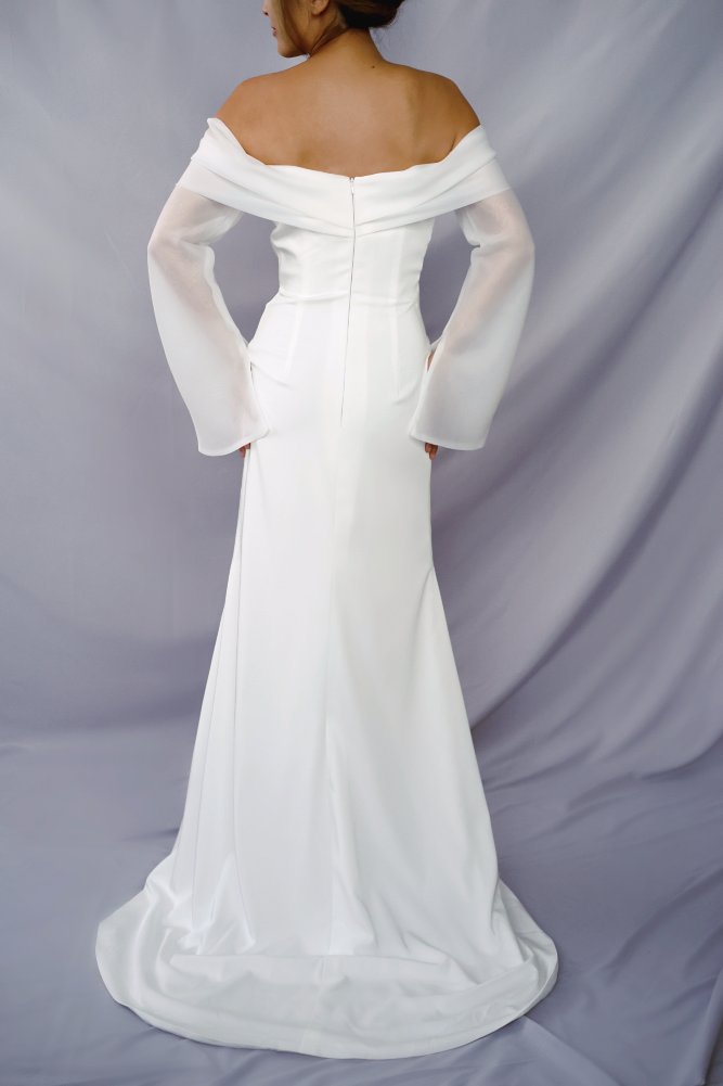 Evelyn Off-Shoulder Crepe Wedding Dress with Organza Long Sleeves | Bone and Grey Bridal | Minimal wedding dresses online Singapore Canada USA
