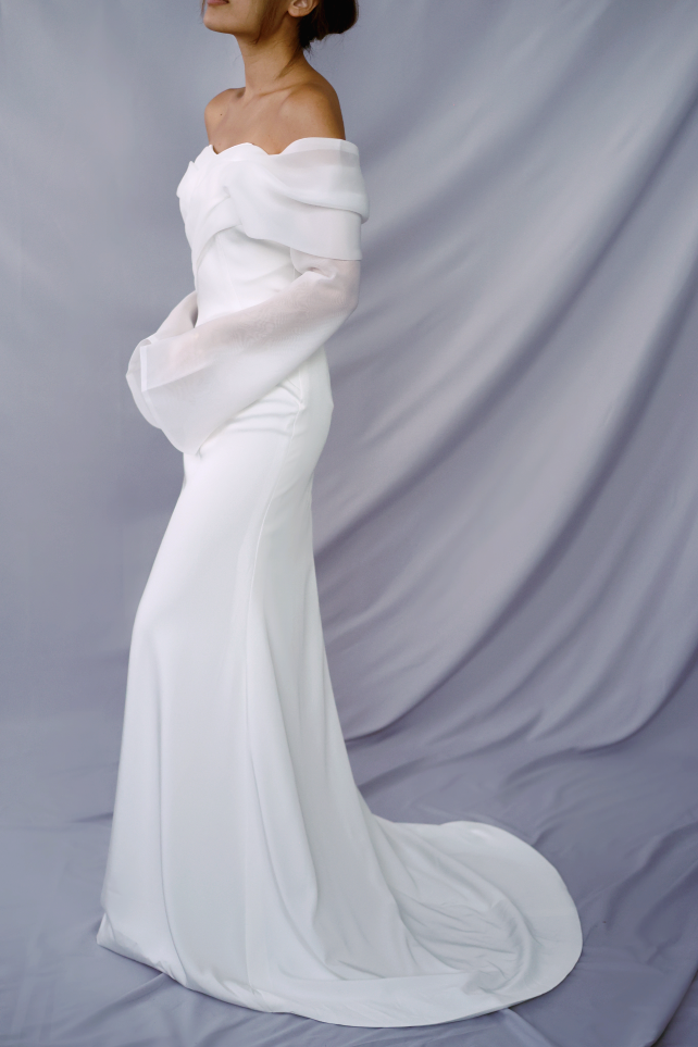 Evelyn Off-Shoulder Crepe Wedding Dress with Organza Long Sleeves | Bone and Grey Bridal | Minimal wedding dresses online Singapore Canada USA