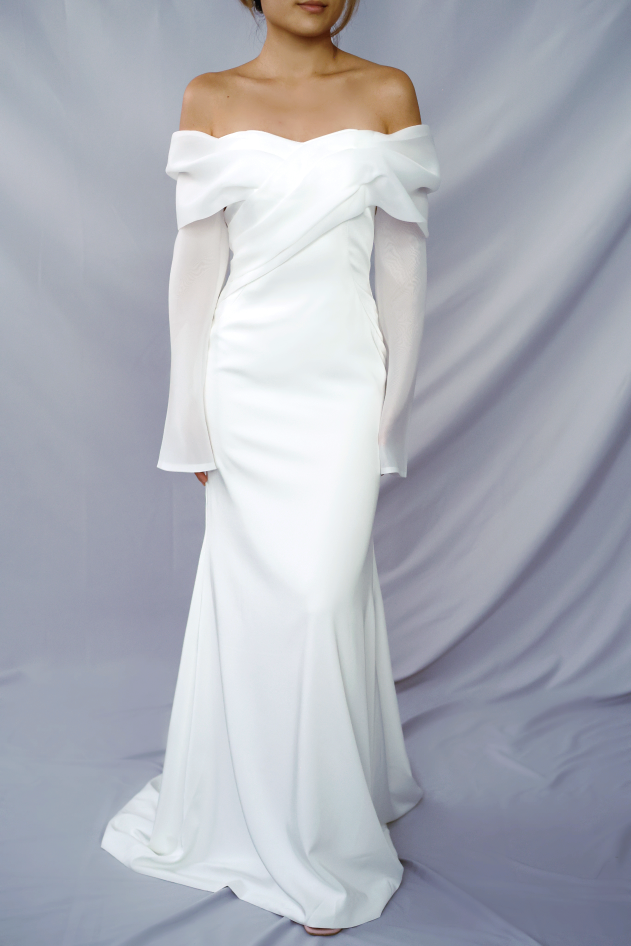 Evelyn Off-Shoulder Crepe Wedding Dress with Organza Long Sleeves | Bone and Grey Bridal | Minimal wedding dresses online Singapore Canada USA