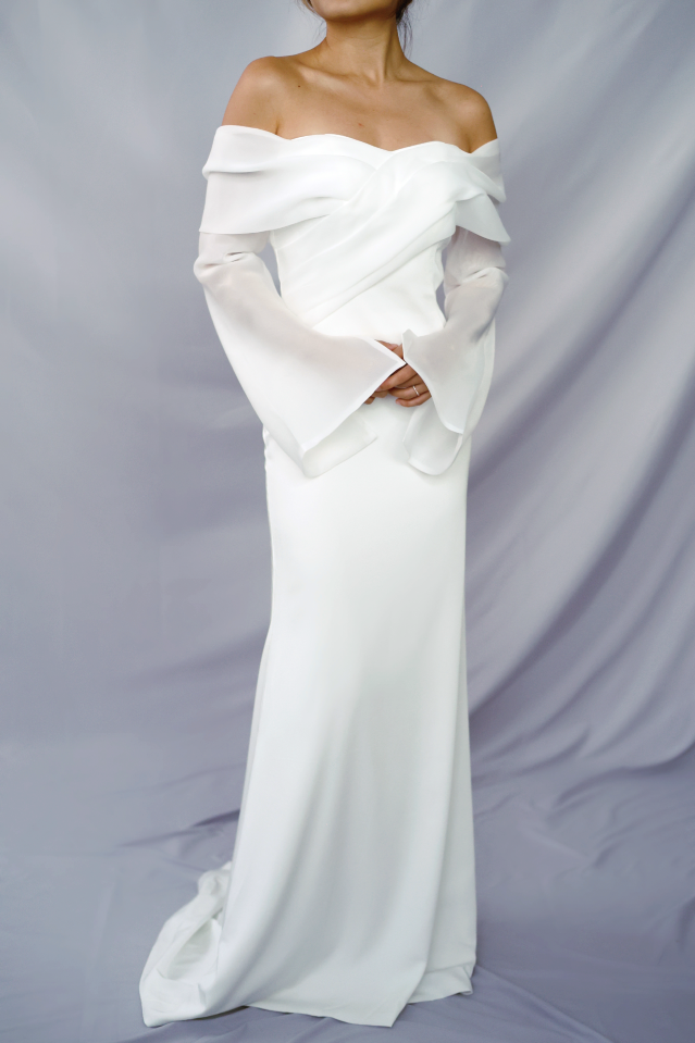 Evelyn Off-Shoulder Crepe Wedding Dress with Organza Long Sleeves | Bone and Grey Bridal | Minimal wedding dresses online Singapore Canada USA