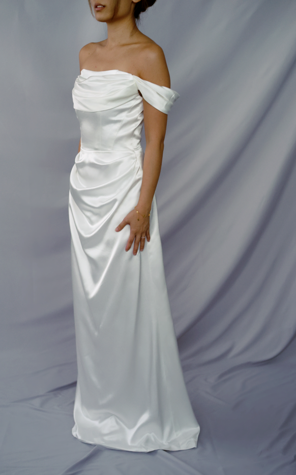 Ida Satin Off-the-Shoulder minimal wedding dress with No Train | Bone and Grey Bridal | Minimal wedding dresses online Singapore Canada USA