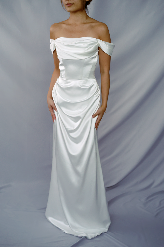 Ida Satin Off-the-Shoulder minimal wedding dress with No Train | Bone and Grey Bridal | Minimal wedding dresses online Singapore Canada USA