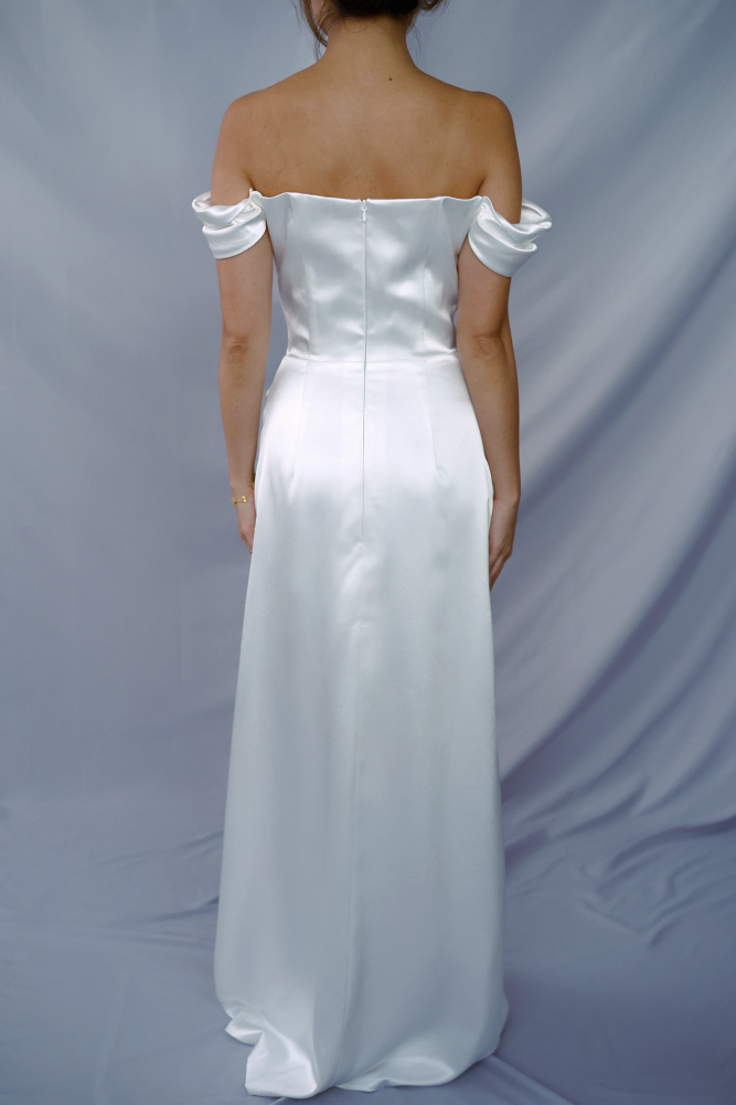Ida Satin Off-the-Shoulder minimal wedding dress with No Train | Bone and Grey Bridal | Minimal wedding dresses online Singapore Canada USA
