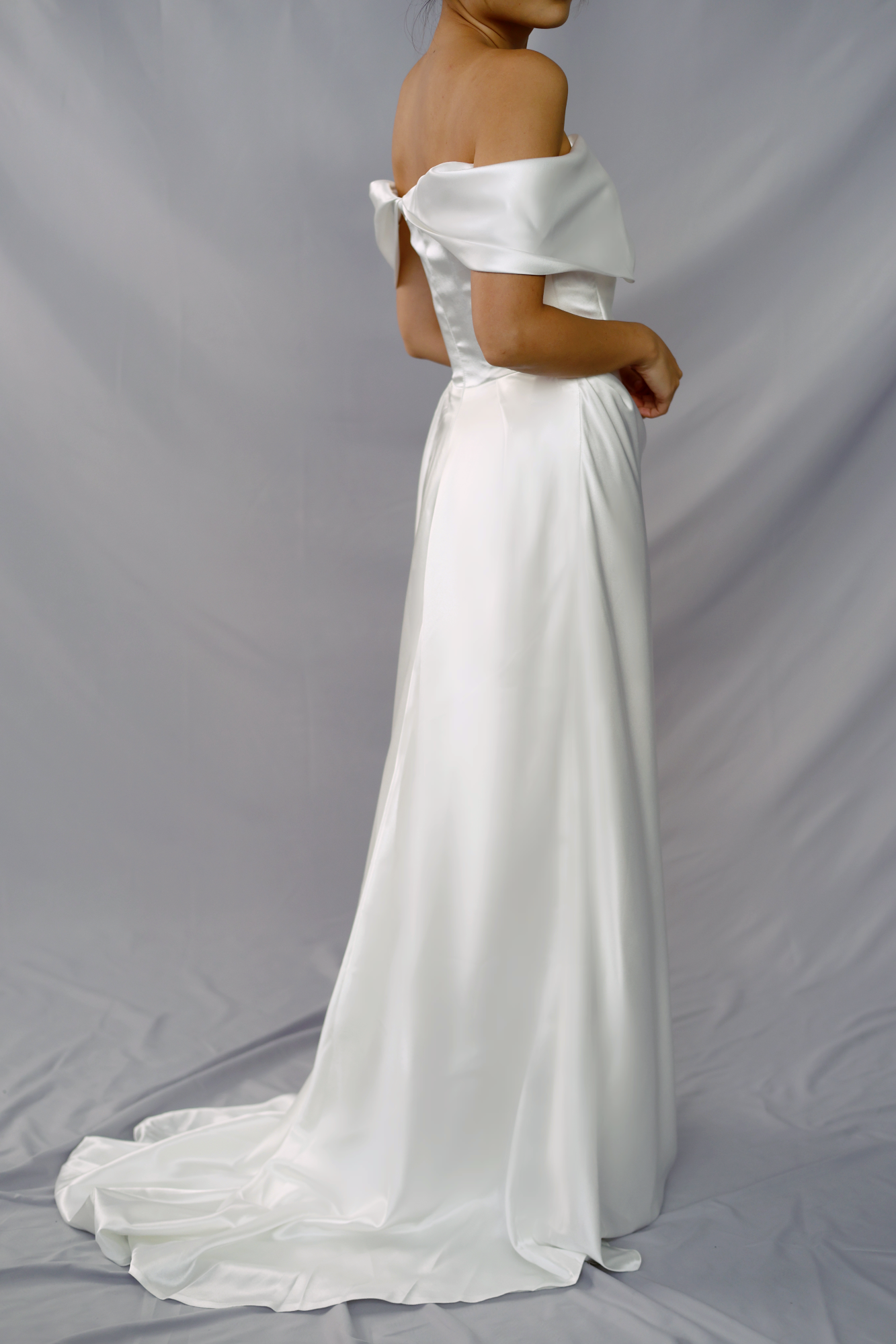 Faye Off-Shoulder Satin Minimal Wedding Dress | Bone & Grey