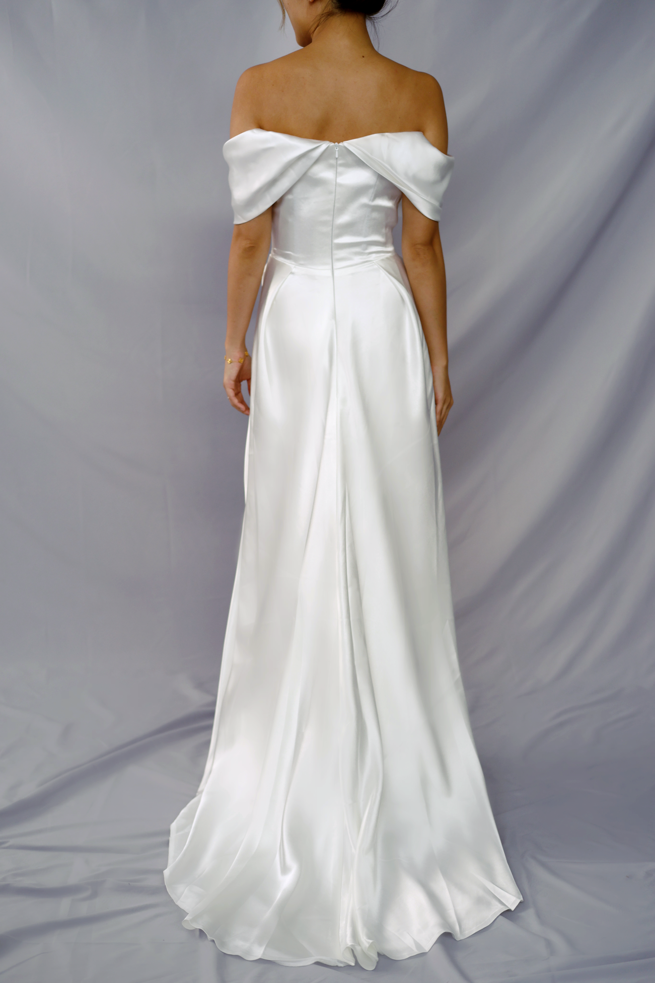 Faye Off-Shoulder Satin Minimal Wedding Dress | Bone & Grey