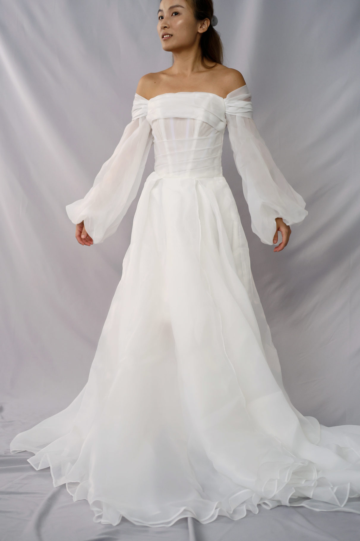 Alinah Off-the-Shoulder Organza A-Line Wedding Dress with Long Sleeves | Bone and Grey Bridal | Simple Wedding Dresses Online Canada Singapore USA Alinah Off-the-Shoulder Organza A-Line Wedding Dress with Long Sleeves | Bone and Grey Bridal | Simple Wedding Dresses Online Canada Singapore USA