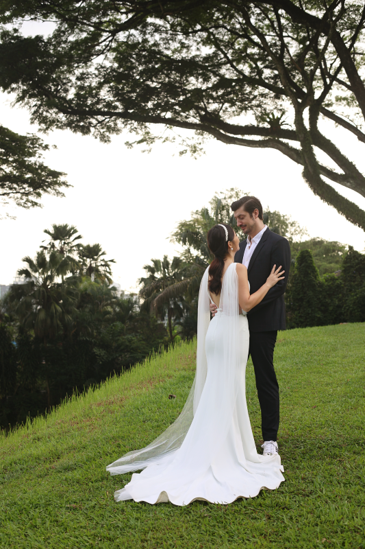 Rosalind Plunging V-neck Fit n Flare Mermaid Wedding Dress | Low Open back with Fit n' Flare and Trumpet Skirt | Bone and Grey Bridal | Minimal wedding dresses online Canada Singapore USA