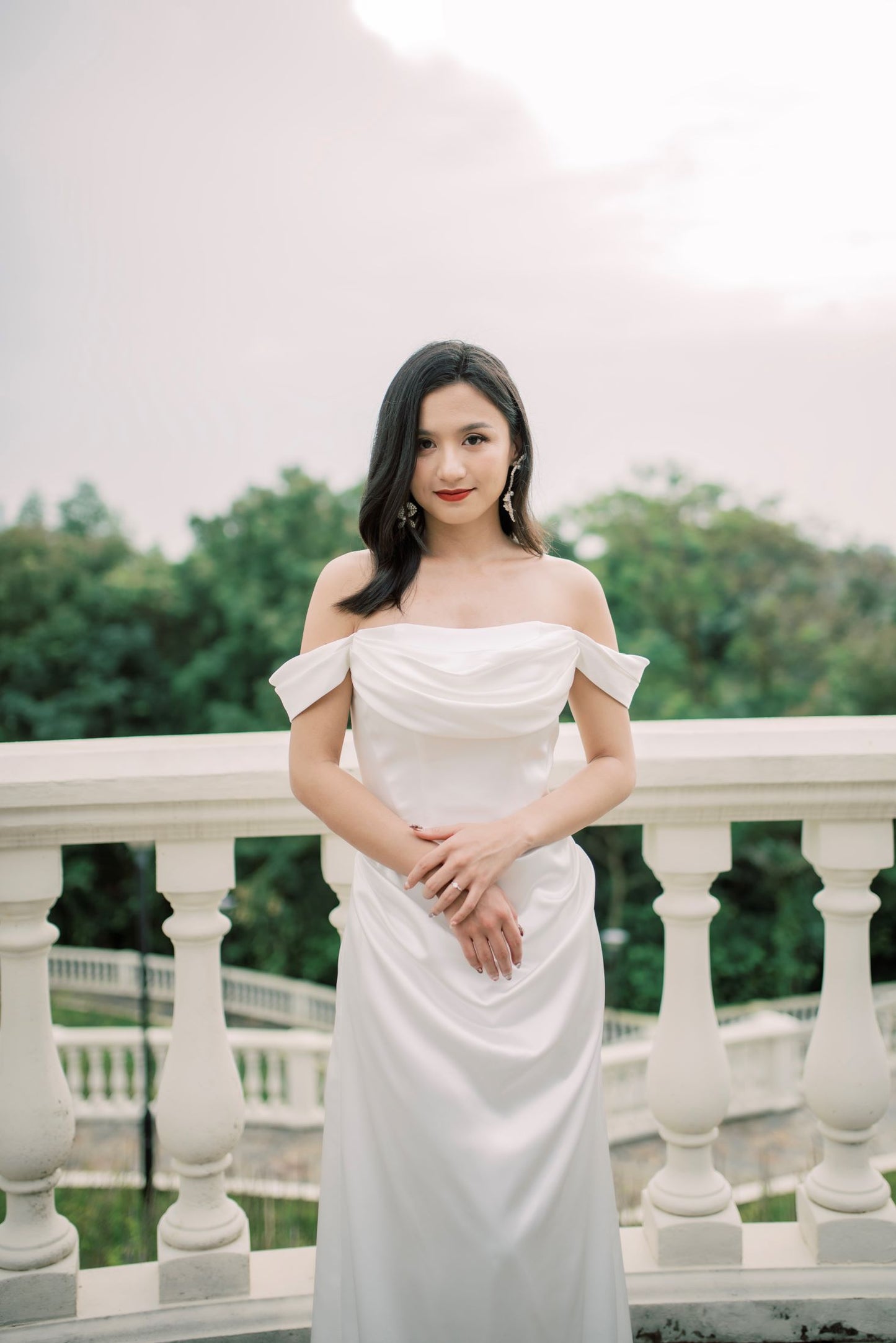 Ida Satin Off-the-Shoulder minimal wedding dress with No Train | Bone and Grey Bridal | Minimal wedding dresses online Singapore Canada USA