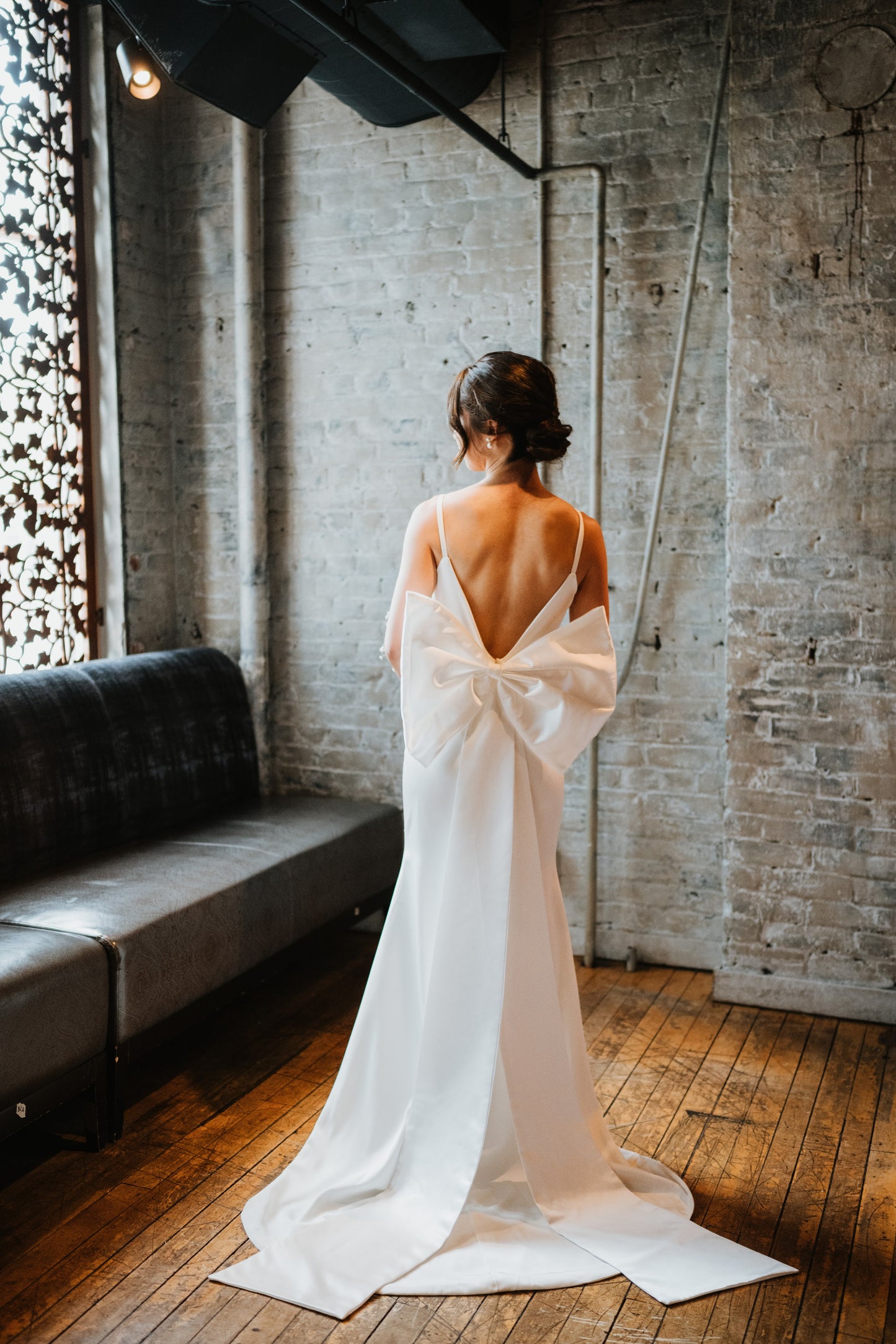 Saravine Spaghetti Strap Column Wedding Dress with Removable Bow | Bone and Grey | Affordable minimal wedding dresses online Canada Singapore USA