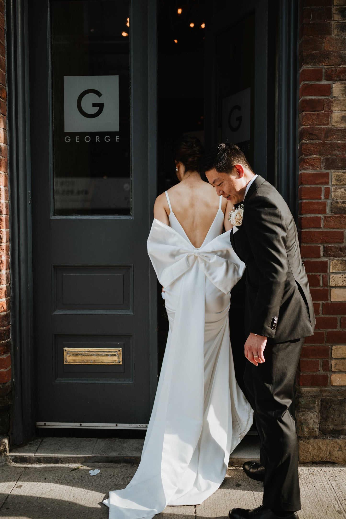 Saravine Spaghetti Strap Column Wedding Dress with Removable Bow | Bone and Grey | Affordable minimal wedding dresses online Canada Singapore USA
