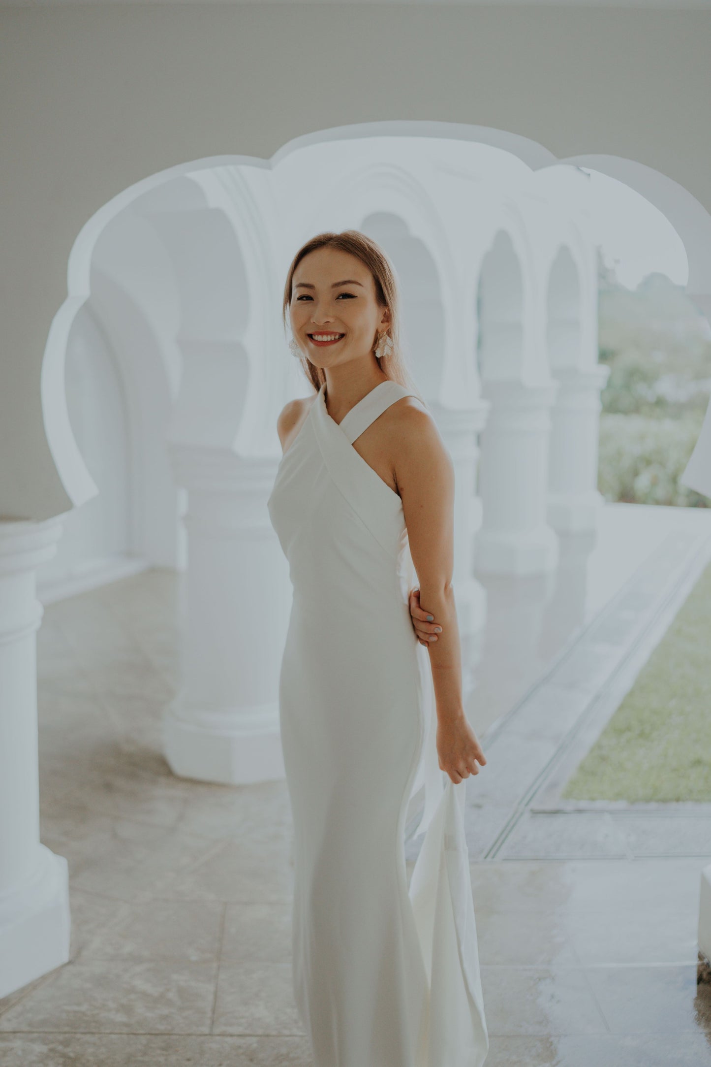 Anna Halter Crepe Column Wedding Dress with Long Drapes | Bone and Grey Bridal | Affordable minimal wedding dresses online Canada USA Singapore